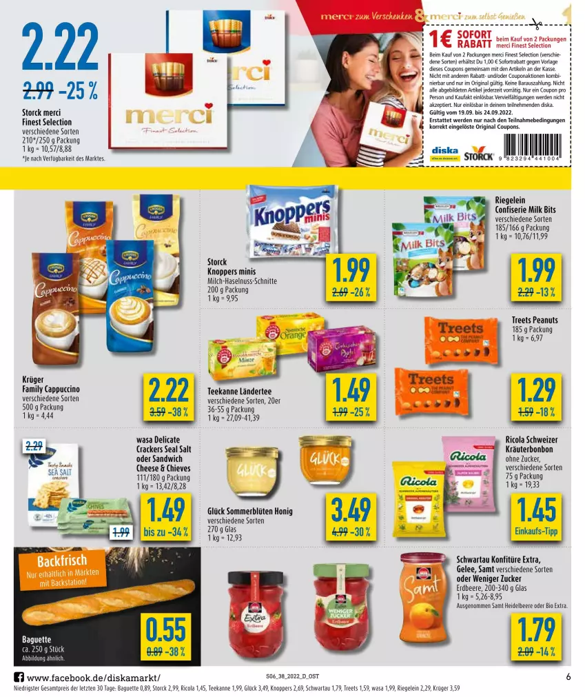 Aktueller Prospekt Diska - Prospekte - von 19.09 bis 24.09.2022 - strona 6 - produkty: baguette, Bau, beere, bio, Blüte, Cap, cappuccino, cin, cola, coupon, coupons, cracker, eis, erdbeere, erde, gelee, gin, haselnuss, heidelbeere, honig, knoppers, konfitüre, konfitüre extra, kräuter, krüger, Ländertee, merci, milch, nuss, reis, Ricola, riegel, sandwich, Schwartau, sofortrabatt, storck, tee, teekanne, Ti, wasa, ZTE, zucker