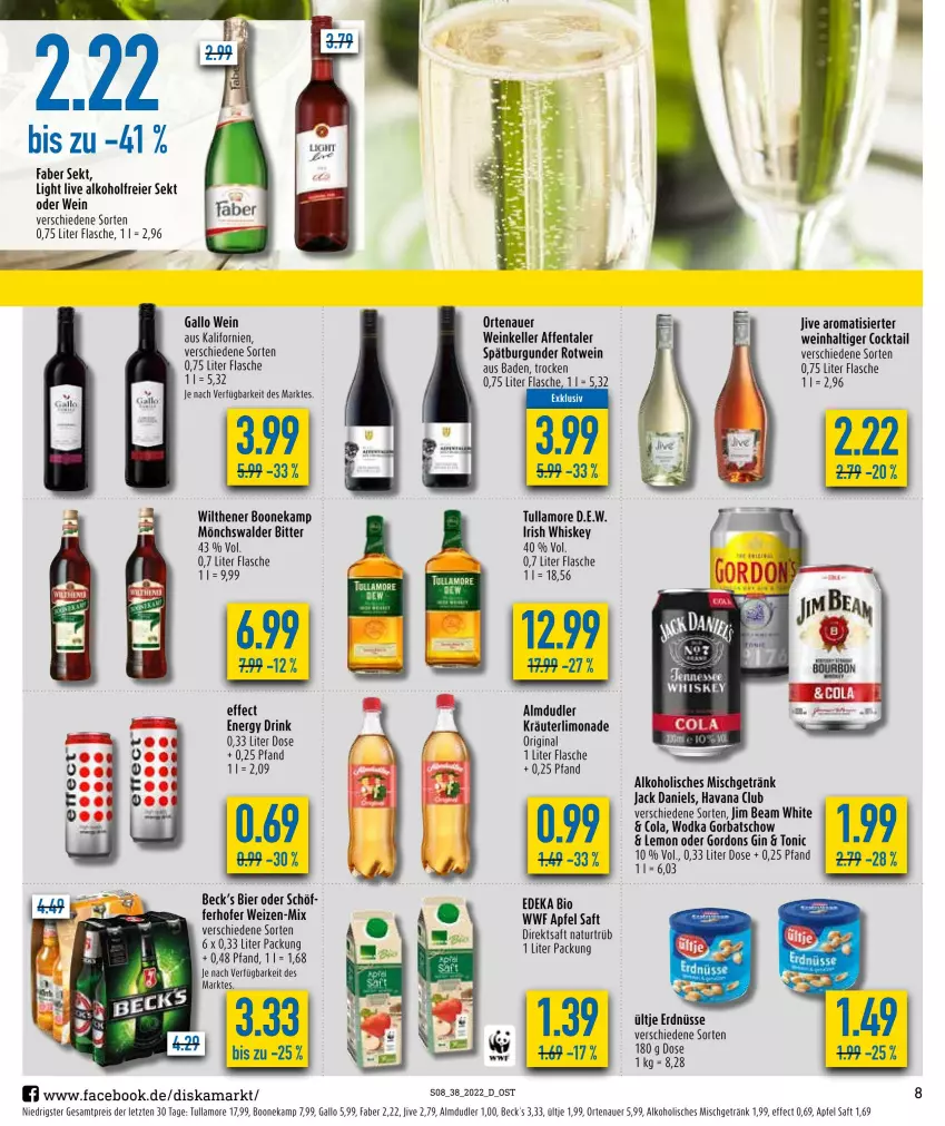 Aktueller Prospekt Diska - Prospekte - von 19.09 bis 24.09.2022 - strona 8 - produkty: alkohol, almdudler, apfel, auer, Bad, bier, bio, burgunder, cocktail, cola, deka, direktsaft, drink, edeka bio, Effect, eier, eis, elle, energy drink, erdnüsse, flasche, gallo, getränk, gin, Gorbatschow, gordon, gordons, irish whiskey, jack daniel, jack daniels, jim beam, kräuter, limo, limonade, natur, ortenauer, reis, rotwein, saft, sekt, spätburgunder, Ti, tonic, tullamore, ültje, ültje erdnüsse, wein, whiskey, wilthener, wodka, ZTE