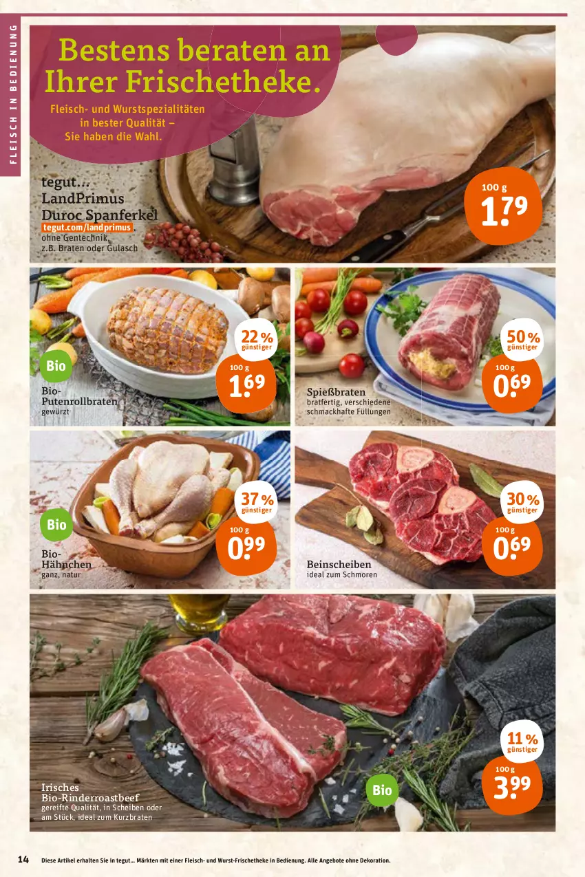 Aktueller Prospekt Tegut - Angebote der Woche - von 07.03 bis 12.03.2022 - strona 16 - produkty: angebot, angebote, beef, bio, braten, dekoration, eis, ente, fleisch, gewürz, gulasch, landprimus, mac, natur, pute, Putenrollbraten, rind, rinder, roastbeef, rollbraten, Spezi, Ti, wurst