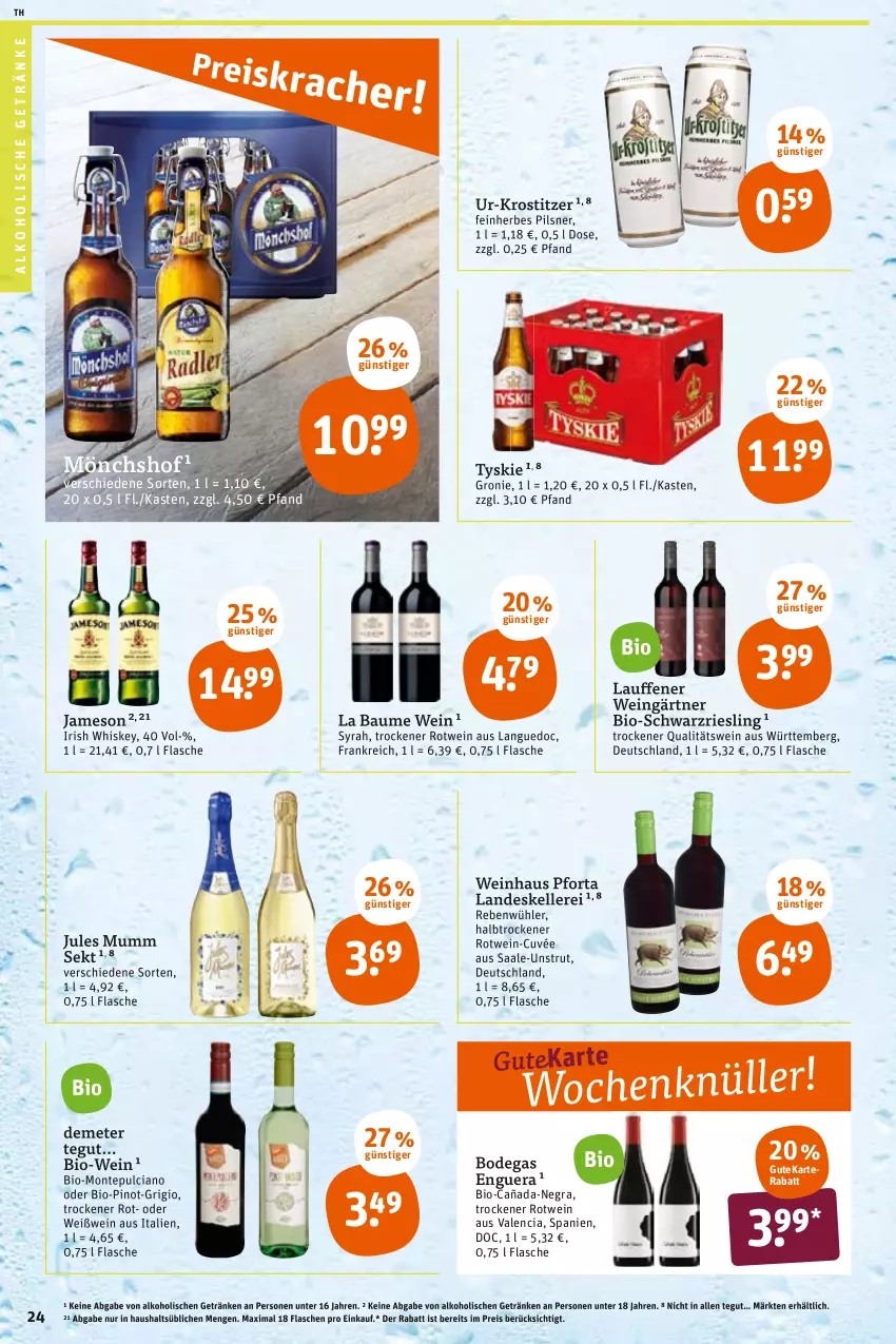 Aktueller Prospekt Tegut - Angebote der Woche - von 07.03 bis 12.03.2022 - strona 26 - produkty: alkohol, alkoholische getränke, Bau, bio, Bio-Wein, cuvée, eis, elle, flasche, getränk, getränke, irish whiskey, jameson, jules mumm, mönchshof, monte, Montepulciano, mumm, pils, pilsner, Pinot, qualitätswein, reis, riesling, rotwein, schwarzriesling, sekt, Ti, tyskie, wein, Weißwein, whiskey