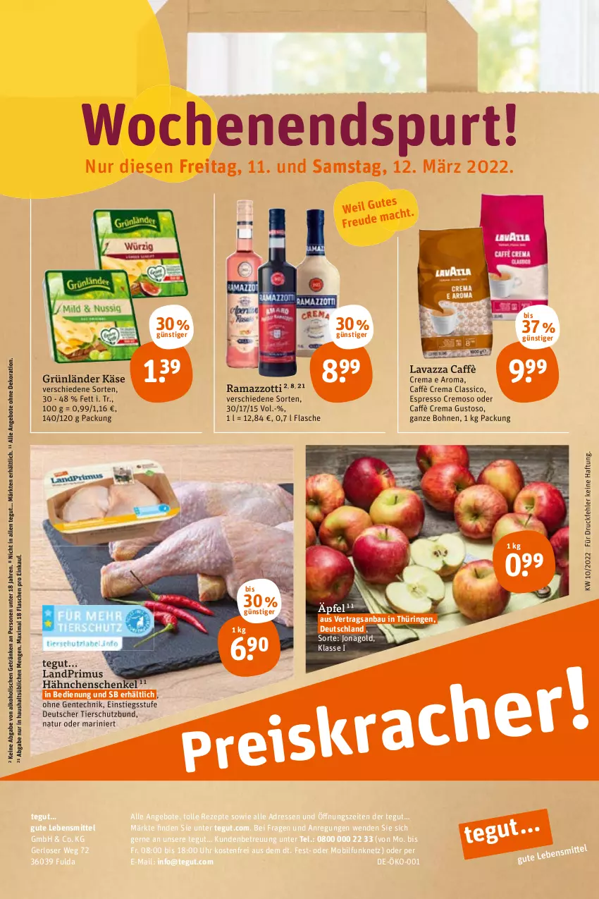 Aktueller Prospekt Tegut - Angebote der Woche - von 07.03 bis 12.03.2022 - strona 30 - produkty: alkohol, angebot, angebote, Bau, bohne, bohnen, classico, dekoration, ente, espresso, flasche, Fulda, getränk, getränke, grünländer, hähnchenschenkel, henkel, Käse, landprimus, lavazza, lebensmittel, natur, rama, ramazzott, ramazzotti, rezept, rezepte, ring, schenkel, Ti, uhr, zott