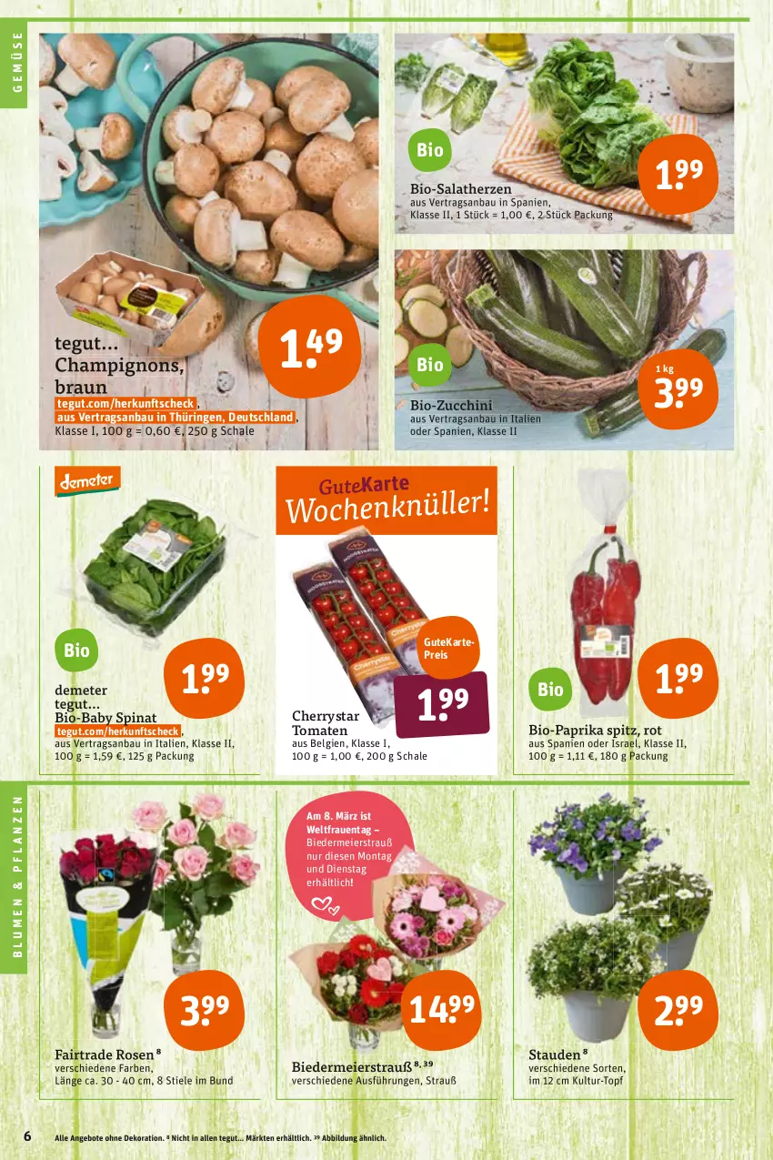 Aktueller Prospekt Tegut - Angebote der Woche - von 07.03 bis 12.03.2022 - strona 8 - produkty: angebot, angebote, Bau, bio, Bio-Paprika, bio-zucchini, blume, blumen, braun, champignon, champignons, dekoration, eier, eis, LG, paprika, pflanze, pflanzen, reis, ring, rosen, salat, salatherzen, Schal, Schale, spinat, stauden, Ti, tomate, tomaten, topf, zucchini