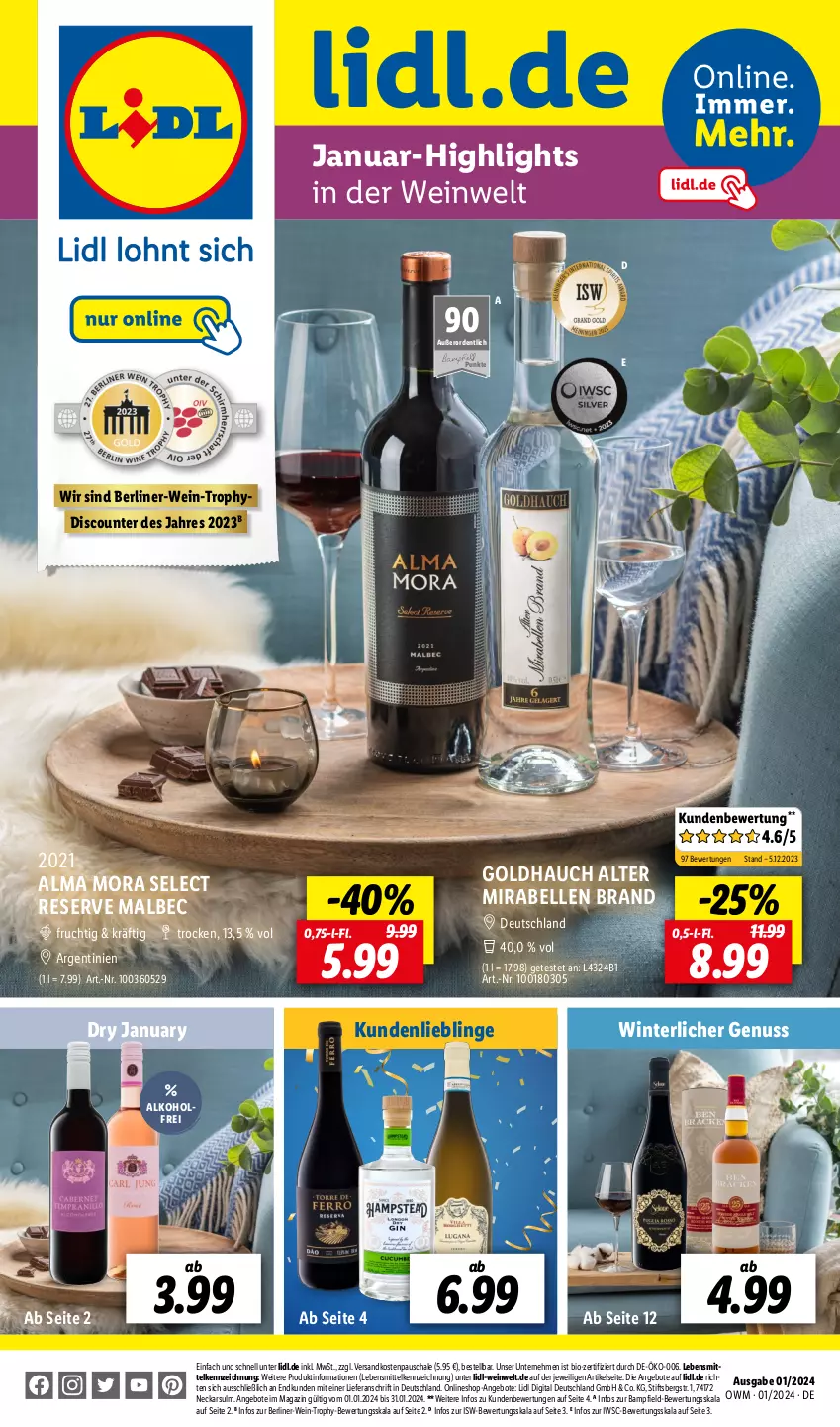 Aktueller Prospekt Lidl - Highlights in der Weinwelt - von 01.01 bis 31.01.2024 - strona 1 - produkty: alkohol, angebot, angebote, berliner, bio, discount, elle, frucht, lebensmittel, magazin, ndk, nuss, Schal, Schale, Ti, wein