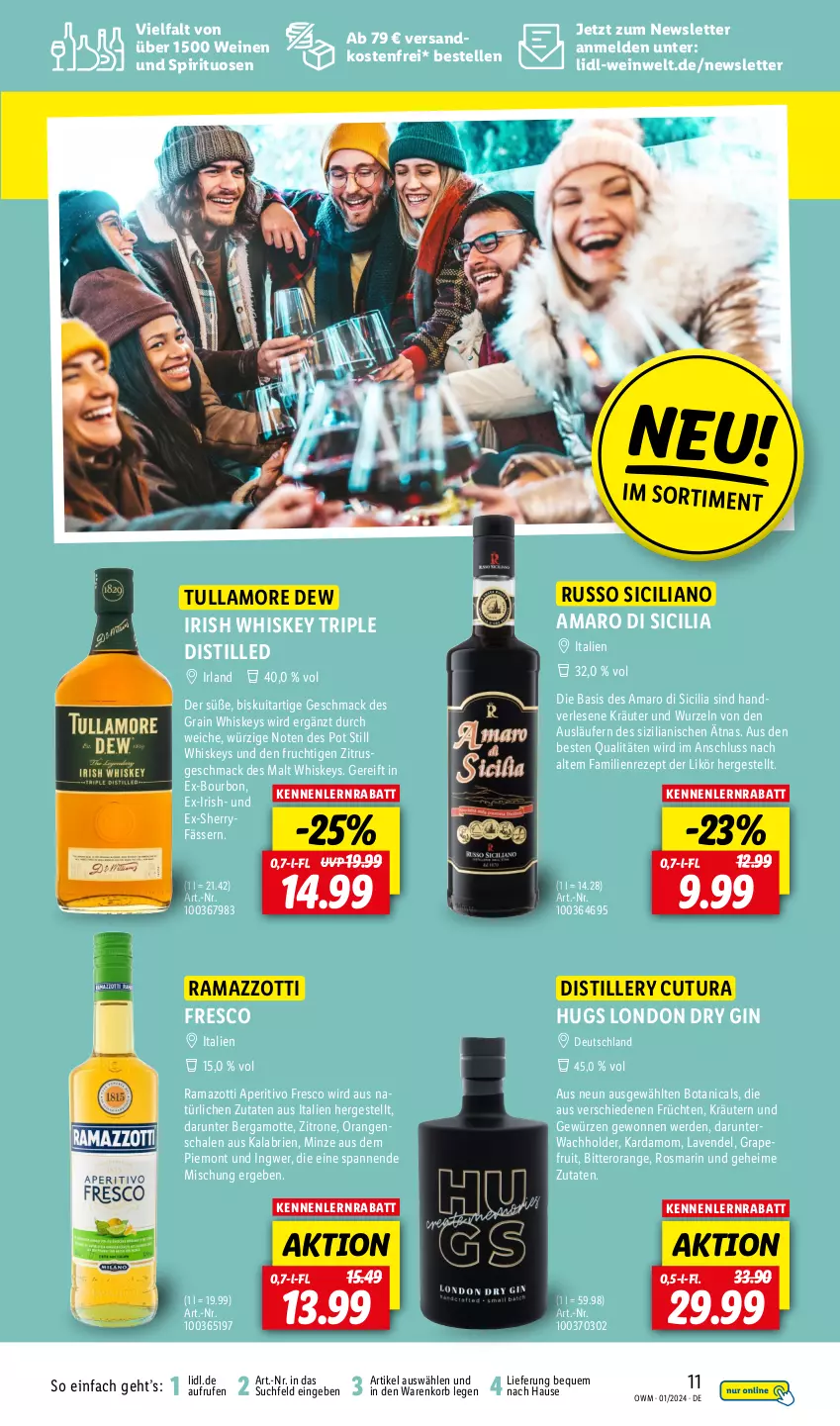 Aktueller Prospekt Lidl - Highlights in der Weinwelt - von 01.01 bis 31.01.2024 - strona 11 - produkty: amaro, Bergamotte, bourbon, brie, dry gin, elle, erde, frucht, früchte, früchten, gewürz, gin, grapefruit, ingwer, irish whiskey, korb, kräuter, kräutern, Läufer, lavendel, likör, london dry, london dry gin, mac, minze, ndk, orange, orangen, rama, ramazzott, ramazzotti, rezept, rosmarin, Schal, Schale, spirituosen, Ti, tullamore, tullamore dew, versandkostenfrei, wein, weine, whiskey, zitrone, zott