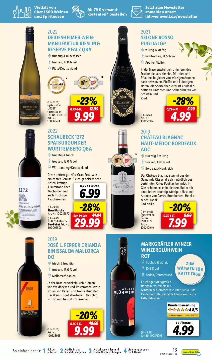 Aktueller Prospekt Lidl - Highlights in der Weinwelt - von 01.01 bis 31.01.2024 - strona 13 - produkty: Bad, balsam, beere, beeren, braten, brombeere, brombeeren, burgunder, cassis, chateau, eimer, eintöpfe, eis, elle, Faktu, flasche, fleisch, frucht, früchte, früchten, Glühwein, kakao, kirsch, kirsche, kirschen, korb, kräuter, ndk, nuss, obst, pfeffer, pflaume, Ria, riesling, rind, rotwein, Rubin, sac, schmorbraten, schwein, schwein und rind, spätburgunder, spirituosen, Ti, Trockenfrüchte, versandkostenfrei, wein, weine, WICK