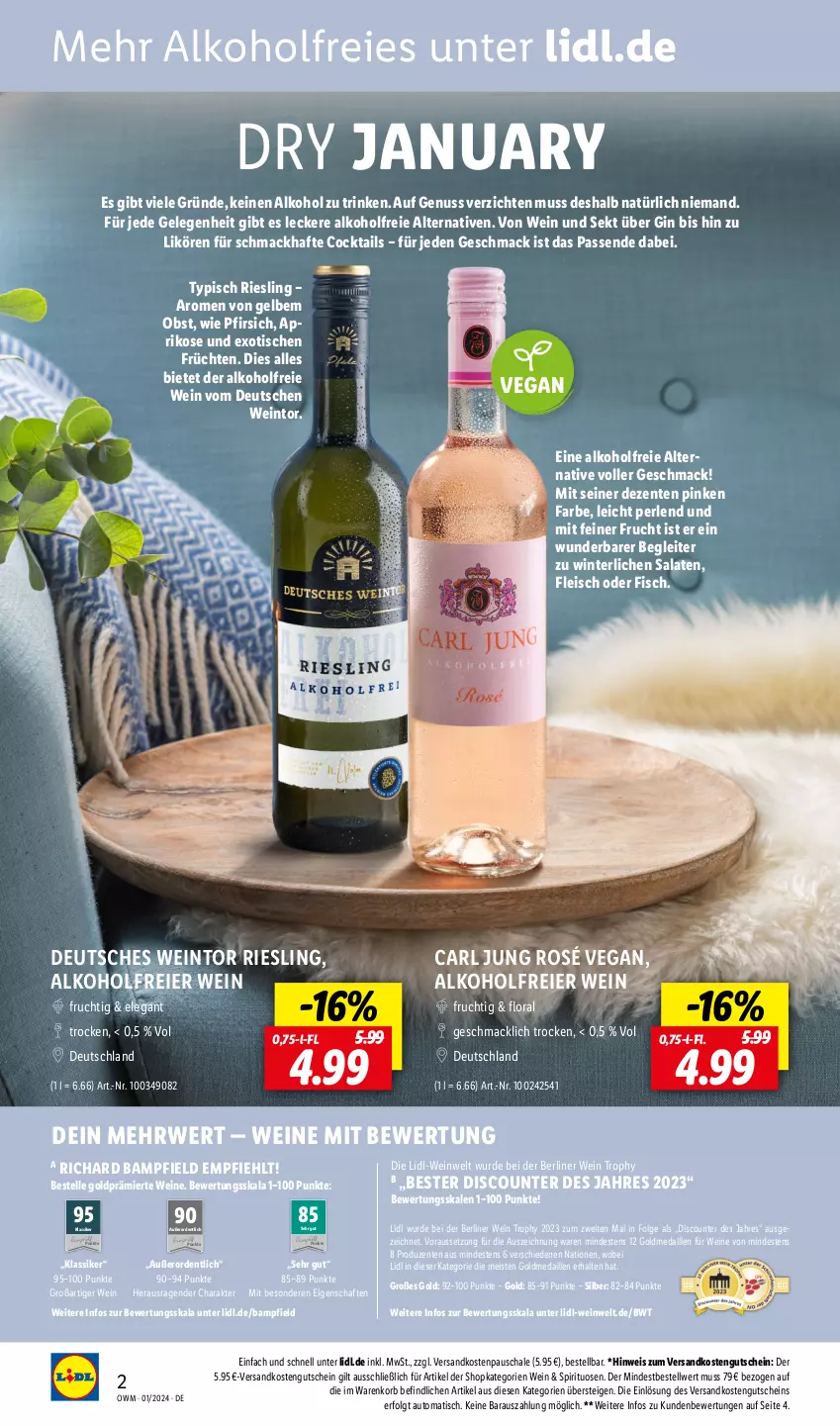 Aktueller Prospekt Lidl - Highlights in der Weinwelt - von 01.01 bis 31.01.2024 - strona 2 - produkty: alkohol, aprikose, auto, berliner, cocktail, cocktails, discount, eier, eis, elle, ente, fisch, fleisch, frucht, früchte, früchten, gin, gutschein, korb, LG, likör, mac, ndk, nuss, obst, perlen, pfirsich, riesling, rwe, salat, salate, Schal, Schale, sekt, spirituosen, Ti, tisch, wein, weine