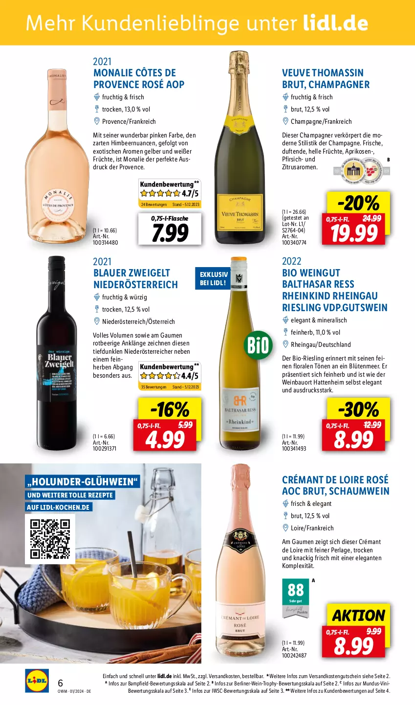 Aktueller Prospekt Lidl - Highlights in der Weinwelt - von 01.01 bis 31.01.2024 - strona 6 - produkty: aprikose, aprikosen, auer, Bau, berliner, bio, blauer zweigelt, Blüte, brut, champagne, champagner, Côtes de Provence, crémant de loire, elle, flasche, frucht, früchte, Glühwein, gutschein, himbeer, holunder, LG, Mode, ndk, Nuance, perla, pfirsich, rezept, rezepte, riesling, saro, Ti, tisch, wein, Zweigelt