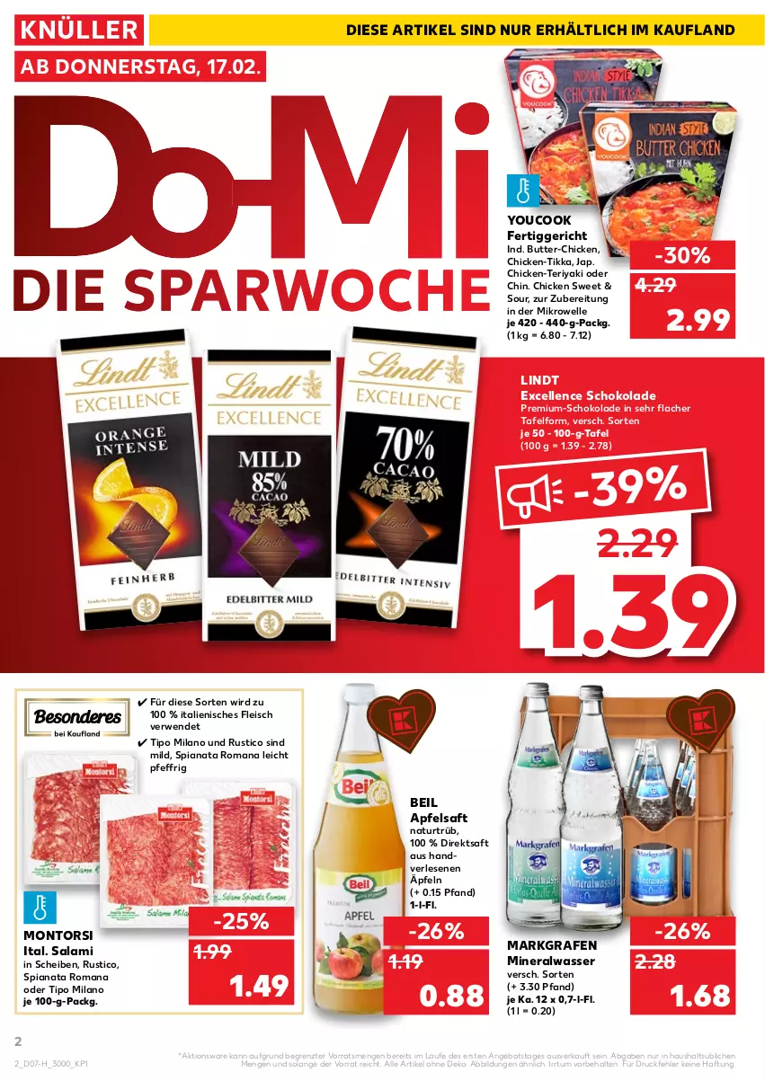 Aktueller Prospekt Kaufland - Spezielle Angebote - von 17.02 bis 23.02.2022 - strona 2 - produkty: Alwa, angebot, apfel, apfelsaft, butter, direktsaft, eis, elle, fertiggericht, fleisch, lindt, mikrowelle, mineralwasser, montorsi, natur, rwe, saft, salami, schoko, schokolade, Ti, wasser, Yo, YouCook, ZTE