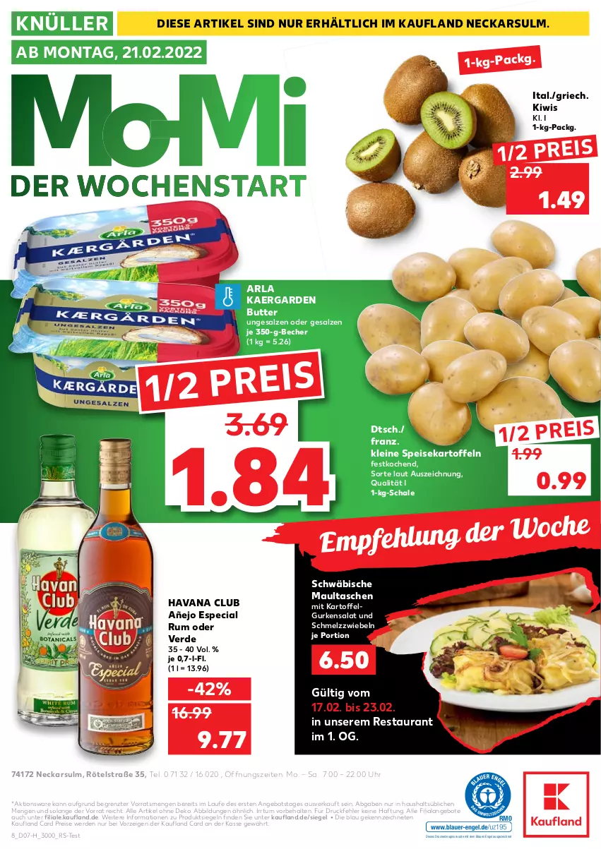 Aktueller Prospekt Kaufland - Spezielle Angebote - von 17.02 bis 23.02.2022 - strona 8 - produkty: angebot, angebote, arla, Becher, butter, drucker, eis, Engel, erde, gurke, gurken, gurkensalat, Havana Club, kartoffel, kartoffeln, kerze, kiwi, leine, LG, maultaschen, reis, rum, salat, salz, Schal, Schale, speisekartoffeln, Tasche, taschen, Ti, uhr, ZTE, zwiebel, zwiebeln