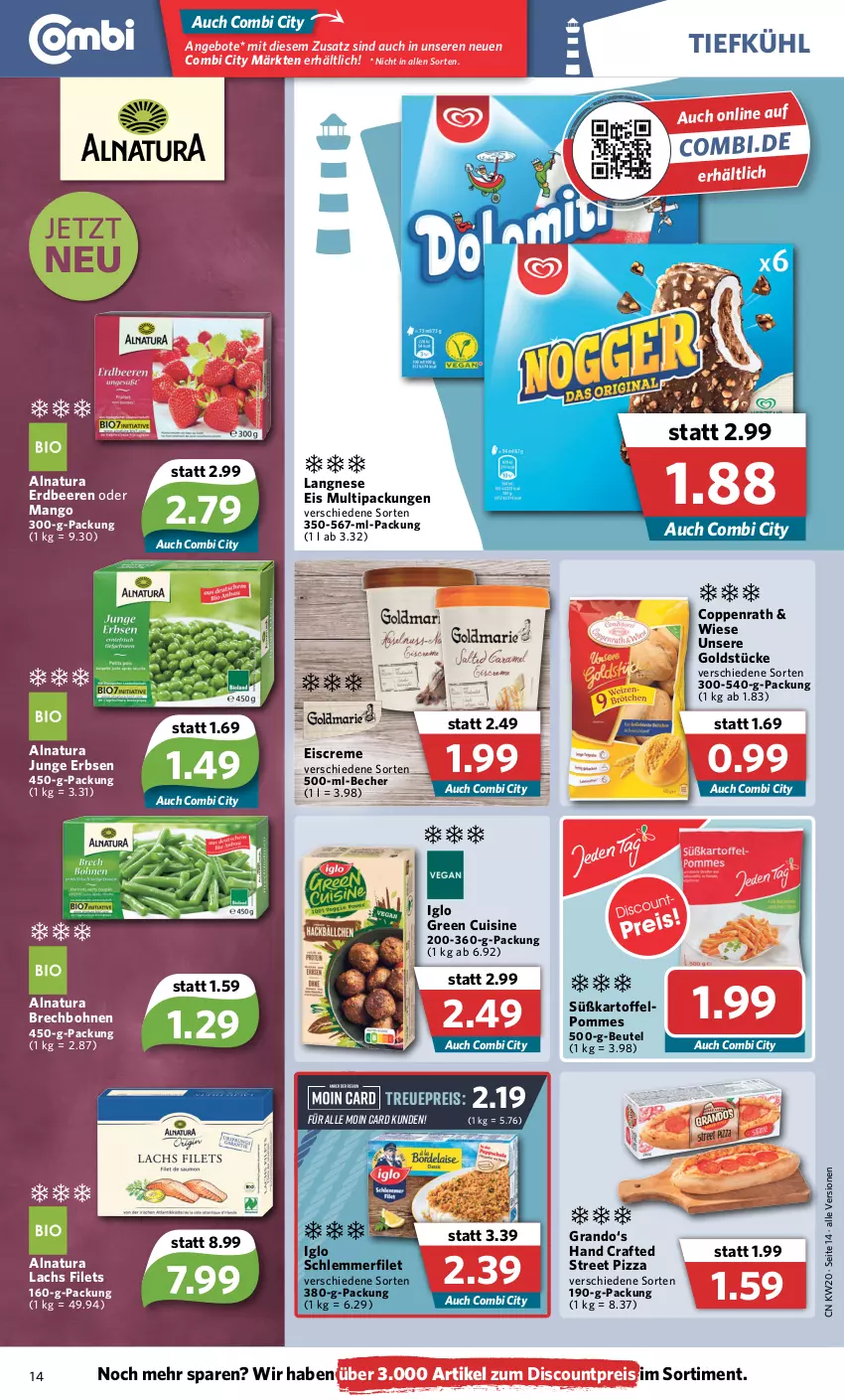 Aktueller Prospekt Combi - Prospekte - von 16.05 bis 21.05.2022 - strona 14 - produkty: angebot, angebote, Becher, beere, beeren, beutel, bohne, bohnen, coppenrath, creme, discount, eis, eiscreme, erbsen, erdbeere, erdbeeren, filet, filets, Goldstücke, iglo, junge erbsen, kartoffel, lachs, langnese, langnese eis, mango, natur, natura, pizza, pommes, reis, schlemmerfilet, Ti