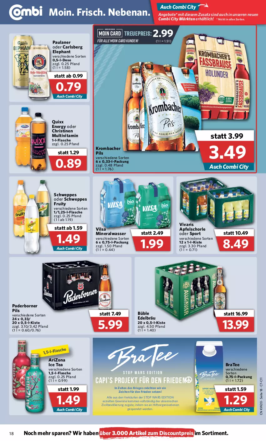 Aktueller Prospekt Combi - Prospekte - von 16.05 bis 21.05.2022 - strona 18 - produkty: Alwa, angebot, angebote, apfel, Apfelschorle, BraTee, Cap, carlsberg, discount, eis, erde, flasche, ice tea, krombache, krombacher, krombacher pils, mineralwasser, Paula, paulaner, pils, Quixx, reis, schorle, schweppes, Sport, tee, Ti, vilsa, vita, Vivaris, wasser