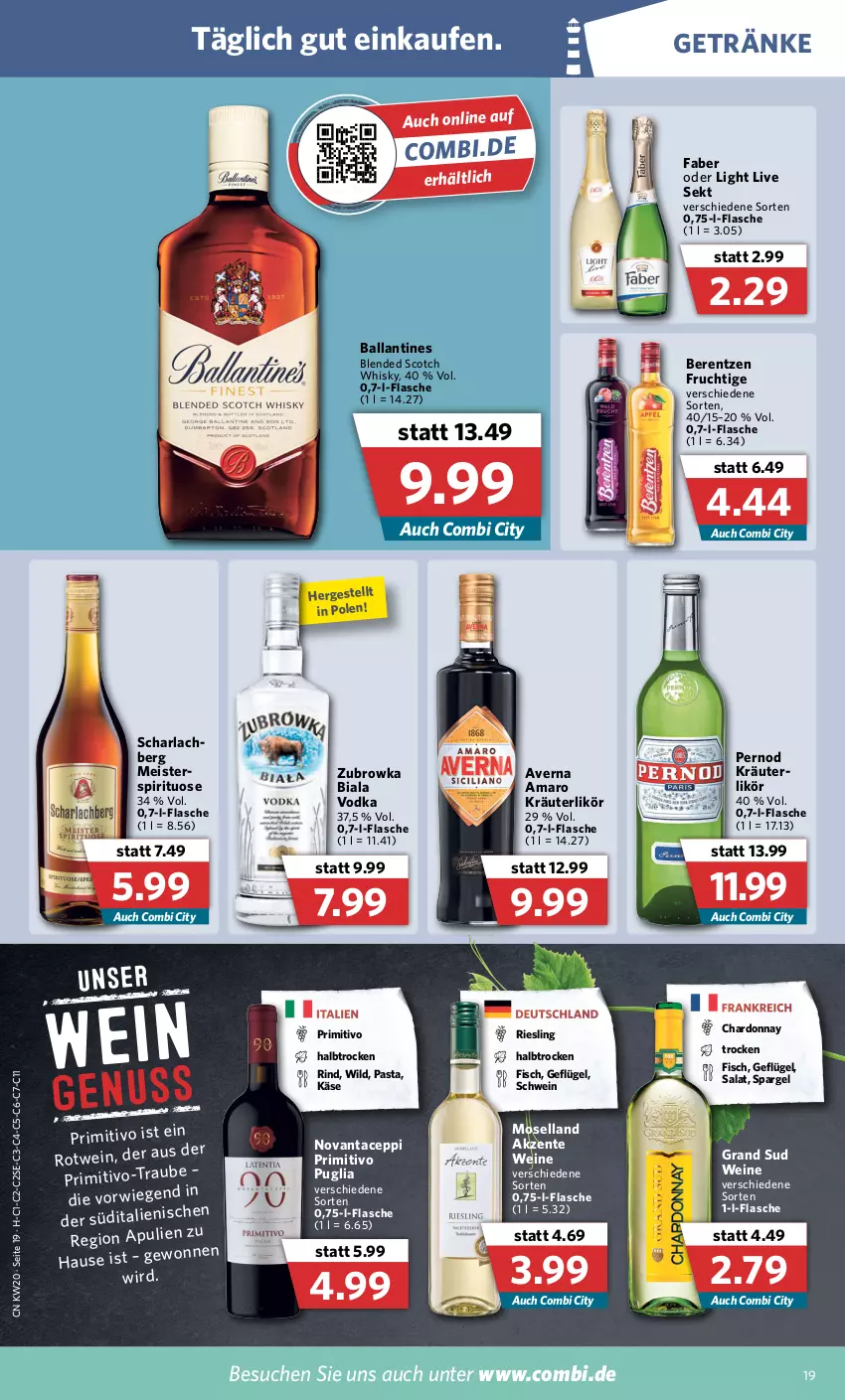 Aktueller Prospekt Combi - Prospekte - von 16.05 bis 21.05.2022 - strona 19 - produkty: amaro, arla, averna, ball, berentzen, blended scotch, blended scotch whisky, chardonnay, eis, ente, fisch, flasche, frucht, Geflügel, getränk, getränke, grand sud, Käse, kräuter, kräuterlikör, likör, Meister, moselland, pasta, primitivo, riesling, rind, rotwein, salat, schwein, scotch, scotch whisky, sekt, spargel, Ti, vodka, wein, weine, whisky, Wild