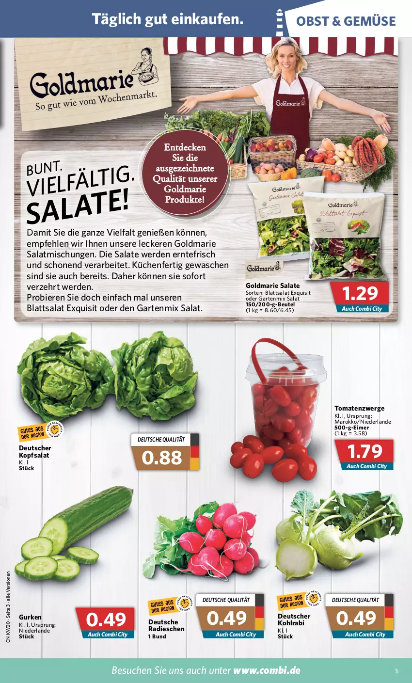 Aktueller Prospekt Combi - Prospekte - von 16.05 bis 21.05.2022 - strona 3 - produkty: beutel, bier, Biere, decke, eimer, erde, Garten, goldmarie, gurke, gurken, kohlrabi, kopfsalat, küche, Küchen, obst, radieschen, salat, salate, Ti, tomate, tomaten