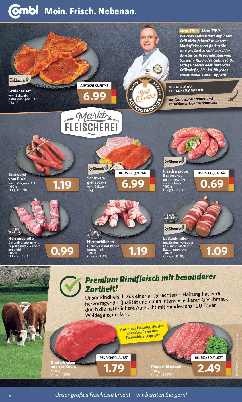 Aktueller Prospekt Combi - Prospekte - von 16.05 bis 21.05.2022 - strona 4 - produkty: bacon, braten, bratwurst, eis, fleisch, Fleischerei, fleischsommelier, Geflügel, gewürz, grill, grillkotelett, Grillspieße, grobe bratwurst, hackfleisch, hirtenkäse, Hirtenröllchen, hüftsteak, Käse, kotelett, latte, mac, Mantel, mit paprika, natur, nuss, paprika, rind, rinder, rinderbraten, rindfleisch, saft, Schere, schinken, schwein, schweine, schweinenacken, Spezi, steak, steaks, Ti, wein, weine, WICK, wurst, ZTE, zwiebel, zwiebeln