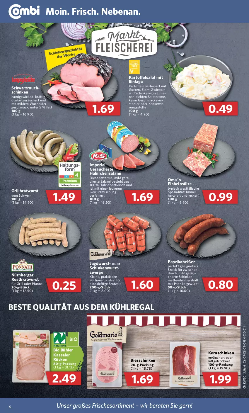 Aktueller Prospekt Combi - Prospekte - von 16.05 bis 21.05.2022 - strona 6 - produkty: aus dem kühlregal, Berger, bier, bierschinken, bio, bratwurst, brot, creme, eier, eis, fleisch, gewürz, Gewürzmischung, grill, grillbratwurst, gurke, gurken, jagdwurst, kartoffel, kartoffeln, kartoffelsalat, kasseler, kernschinken, kühlregal, leine, mac, Mett, metten, Mettenden, mit paprika, nürnberger, paprika, pfanne, Rauch, regal, Ria, rostbratwurst, salami, salat, salatcreme, schinken, schinkenwurst, schwein, snack, Spezi, Ti, tisch, wein, WICK, wurst, zwiebel, zwiebeln