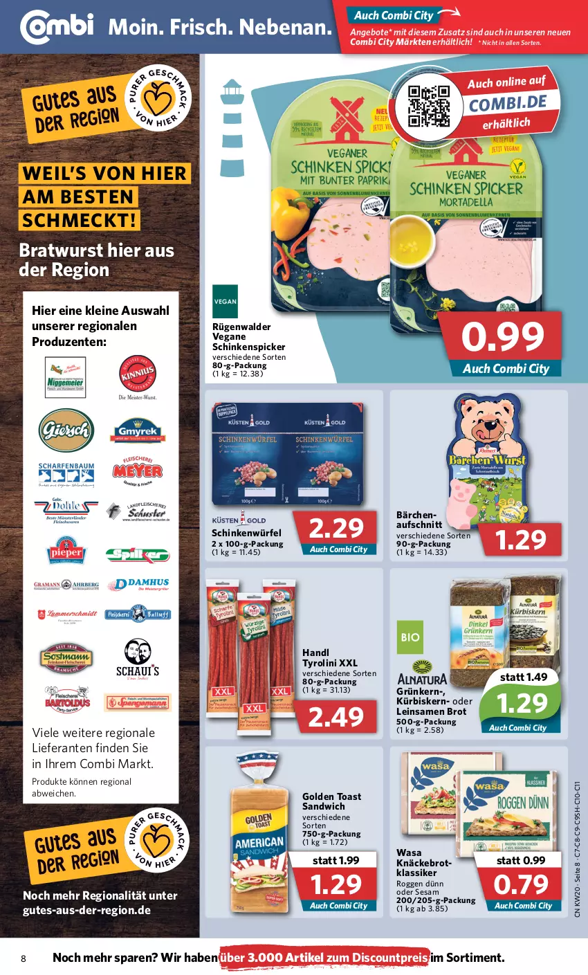 Aktueller Prospekt Combi - Prospekte - von 16.05 bis 21.05.2022 - strona 8 - produkty: angebot, angebote, aufschnitt, bratwurst, brot, discount, eis, ente, golden toast, knäckebrot, Kürbis, leine, reis, rügenwalder, sandwich, schinken, Schinkenspicker, sesam, Ti, toast, wasa, würfel, wurst