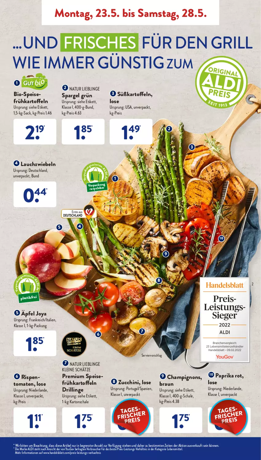 Aktueller Prospekt AldiSud - ALDI Aktuell - von 23.05 bis 28.05.2022 - strona 3 - produkty: aldi, asti, bio, braun, champignon, champignons, eis, Frühkartoffeln, grill, kartoffel, kartoffeln, Lauchzwiebel, lauchzwiebeln, lebensmittel, leine, natur, paprika, paprika rot, Rauch, reis, sac, Schal, Schale, spargel, spargel grün, Süßkartoffeln, Ti, tomate, tomaten, Yo, ZTE, zucchini, zwiebel, zwiebeln