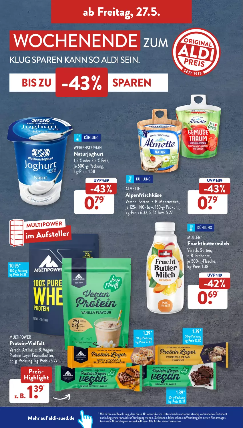 Aktueller Prospekt AldiSud - ALDI Aktuell - von 23.05 bis 28.05.2022 - strona 34 - produkty: aldi, alle artikel ohne dekoration, almette, alpenfrischkäse, beere, butter, buttermilch, dekoration, eis, elle, erdbeere, flasche, frischkäse, frucht, gin, joghur, joghurt, Käse, meerrettich, Mett, milch, Müller, natur, naturjoghurt, reis, Rettich, teller, Ti, weihenstephan, ZTE