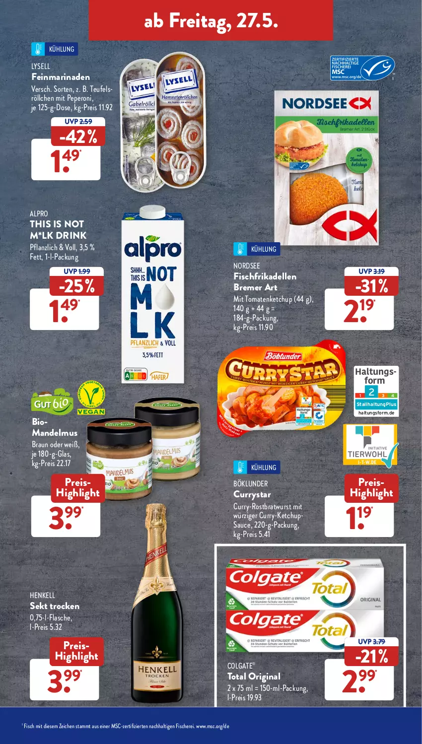 Aktueller Prospekt AldiSud - ALDI Aktuell - von 23.05 bis 28.05.2022 - strona 35 - produkty: alpro, bio, böklunder, bratwurst, braun, colgate, curry, dell, drink, eis, elle, fisch, fische, Fischer, flasche, frikadellen, gin, henkel, henkell, henkell sekt, ketchup, LG, lysell, mandel, Mandelmus, marinade, Nordsee, peperoni, Peroni, reis, rostbratwurst, sauce, Schere, sekt, Ti, tomate, tomaten, tomatenketchup, wurst