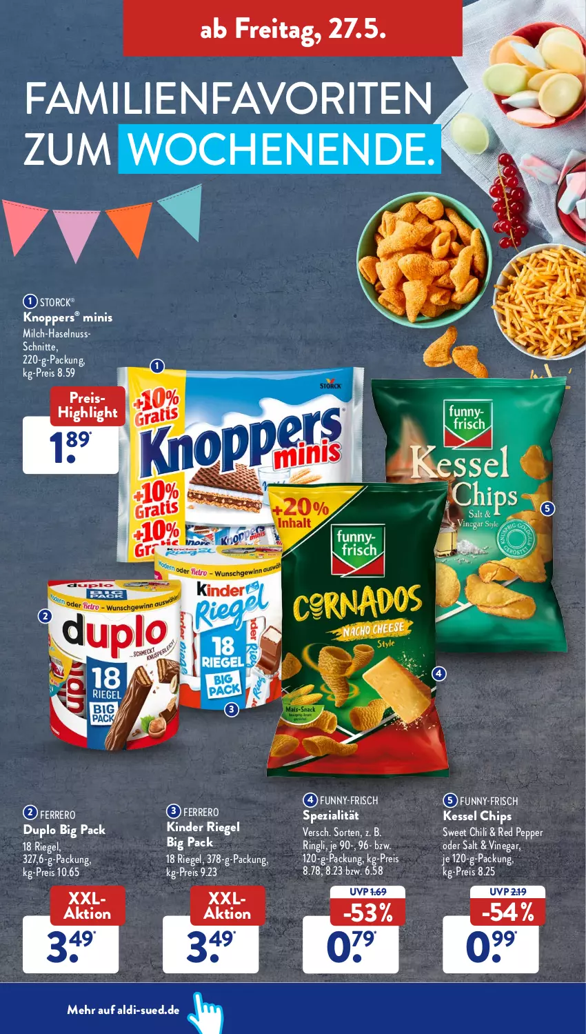 Aktueller Prospekt AldiSud - ALDI Aktuell - von 23.05 bis 28.05.2022 - strona 36 - produkty: aldi, chili, chips, duplo, eis, ferrero, funny-frisch, haselnuss, Kinder, kinder riegel, knoppers, milch, nuss, reis, riegel, ring, Spezi, storck, Ti