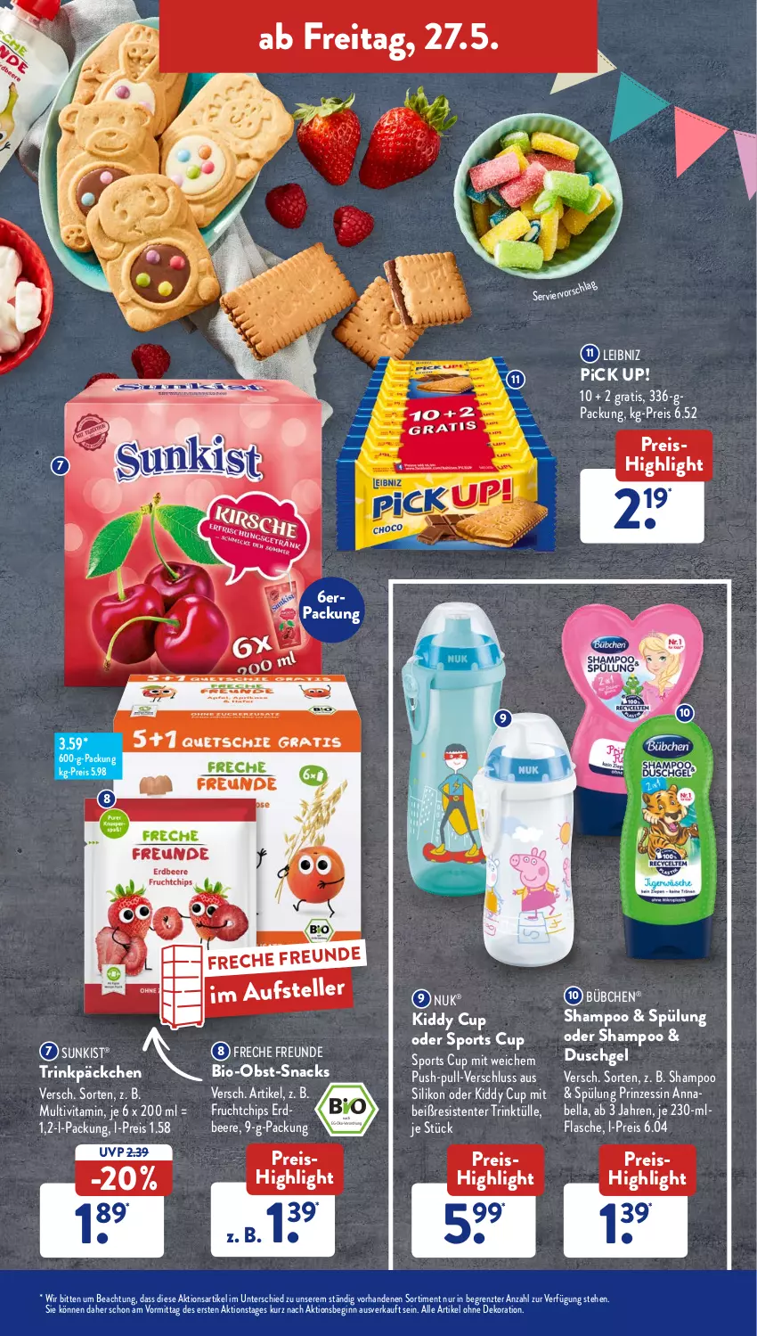 Aktueller Prospekt AldiSud - ALDI Aktuell - von 23.05 bis 28.05.2022 - strona 39 - produkty: alle artikel ohne dekoration, beere, bio, Bio-Obst, bübchen, chips, dekoration, duschgel, eis, elle, ente, erdbeere, flasche, freche freunde, frucht, gin, leibniz, nuk, obst, Pick Up!, reis, shampoo, snack, snacks, Sport, spülung, teller, Ti, vita, ZTE