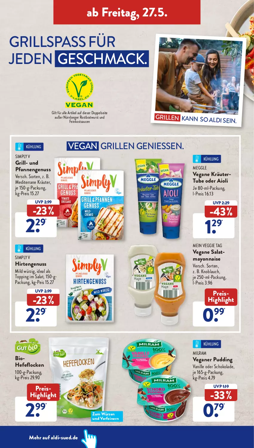 Aktueller Prospekt AldiSud - ALDI Aktuell - von 23.05 bis 28.05.2022 - strona 40 - produkty: aioli, aldi, Berger, bio, bratwurst, eis, feinkost, grill, Hefe, knoblauch, kräuter, mac, mayonnaise, meggle, milram, nürnberger, nuss, pfanne, pfannen, pudding, reis, rostbratwurst, salat, sauce, saucen, schoko, schokolade, sim, Ti, vanille, veggie, wurst, Yo