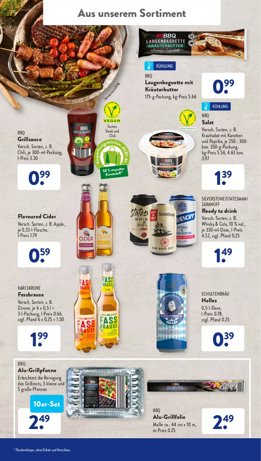 Aktueller Prospekt AldiSud - ALDI Aktuell - von 23.05 bis 28.05.2022 - strona 43 - produkty: Apple, baguette, brause, butter, chili, cider, cola, drink, eis, elle, fassbrause, flasche, grill, Grillpfanne, grillrost, grillsauce, karotten, Kraut, kräuter, kräuterbutter, krautsalat, krone, leine, paprika, pfanne, pfannen, Reinigung, reis, salat, sauce, steak, Ti, whisky, zitrone