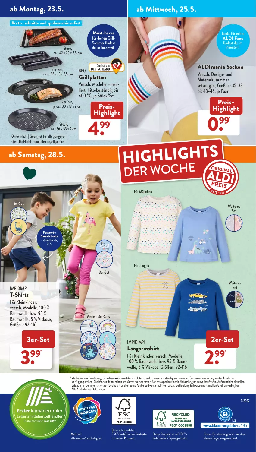 Aktueller Prospekt AldiSud - ALDI Aktuell - von 23.05 bis 28.05.2022 - strona 47 - produkty: aldi, alle artikel ohne dekoration, Bau, baumwolle, dekoration, dell, drucker, eis, Elektro, elle, Engel, ente, gin, grill, grillplatte, Holz, holzkohle, kerze, Kinder, kleid, Kleidung, Langarmshirt, latte, lebensmittel, LG, Mode, papier, reis, Ria, shirt, shirts, shorts, socken, spülmaschinen, sweatshorts, T-Shirt, Ti, wolle, ZTE