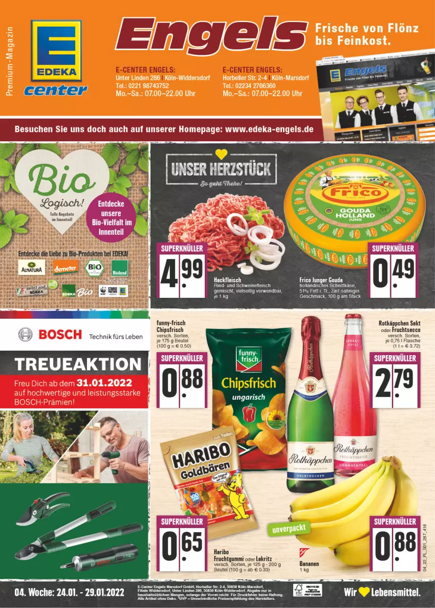 Aktueller Prospekt E Center - Angebote der Woche - von 24.01 bis 29.01.2022 - strona 1 - produkty: angebot, angebote, banane, bananen, beutel, bosch, ecco, eis, elle, Engel, ente, flasche, fleisch, frico, frucht, fruchtgummi, fruchtsecco, gouda, holländischer schnittkäse, Käse, Lakritz, lebensmittel, mac, magazin, mars, oder lakritz, reis, reiss, rind, rwe, schnittkäse, schwein, schweine, schweinefleisch, sekt, Tapete, tee, teller, Ti, uhr, wein, weine