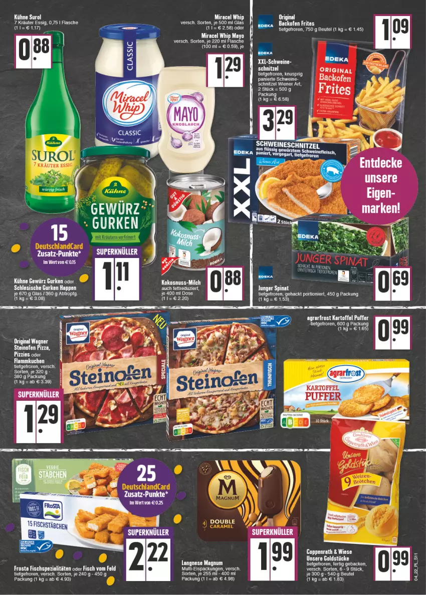 Aktueller Prospekt E Center - Angebote der Woche - von 24.01 bis 29.01.2022 - strona 11 - produkty: beutel, eis, essig, fisch, Fischspezialitäten, flammkuchen, flasche, frosta, geback, gewürz, gin, Goldstücke, gurke, gurken, kokos, kokosnuss, kräuter, Kräuter Essig, kuchen, Kühne, lamm, langnese, magnum, milch, miracel, miracel whip, nuss, Ofen, original wagner, pizza, schnitzel, schwein, schweine, Spezi, steinofen, steinofen pizza, Ti, wagner, wein, weine, wiener, Yo