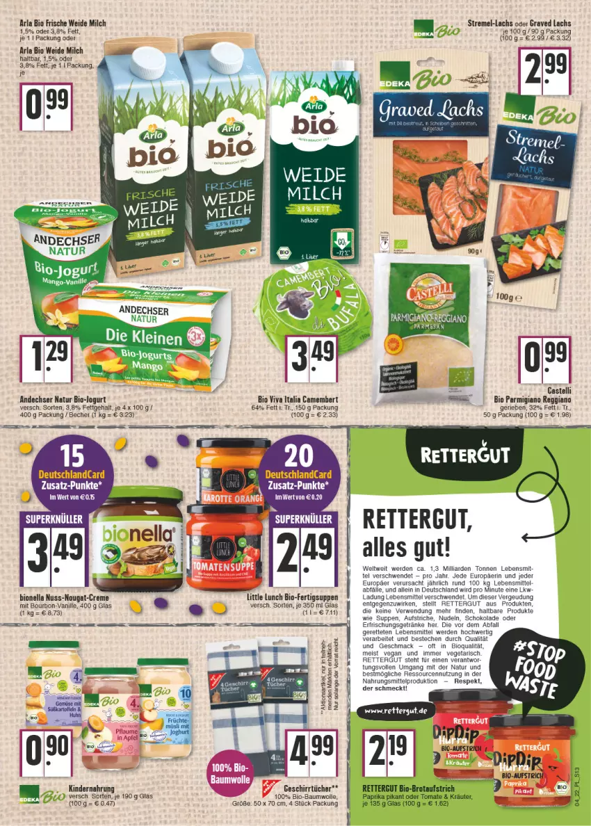 Aktueller Prospekt E Center - Angebote der Woche - von 24.01 bis 29.01.2022 - strona 13 - produkty: andechser natur, arla, aufstrich, Bau, baumwolle, Becher, bio, bio-baumwolle, bourbon, camembert, creme, deutschlandcard, eis, ente, erde, erfrischungsgetränk, erfrischungsgetränke, geschirr, geschirrtücher, getränk, getränke, Graved Lachs, jogurt, Kinder, Kindernahrung, lachs, lebensmittel, leine, mac, mango, milch, natur, nudel, nudeln, nuss, nuss-nougat-creme, parmigiano, parmigiano reggiano, reggiano, rwe, sac, schoko, schokolade, suppe, suppen, Ti, tücher, vanille, Vegeta, wolle