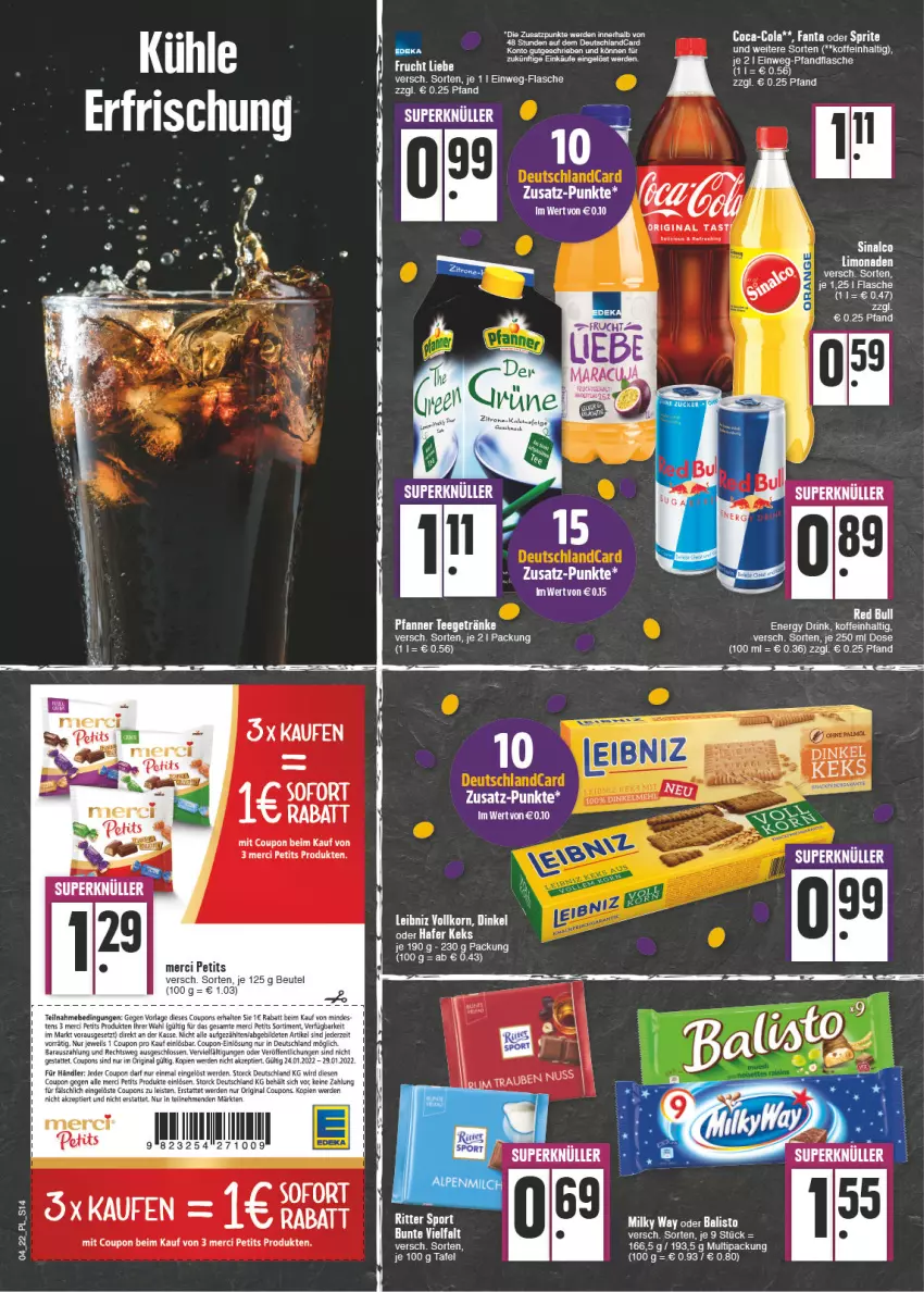 Aktueller Prospekt E Center - Angebote der Woche - von 24.01 bis 29.01.2022 - strona 14 - produkty: beutel, coca-cola, cola, coupon, coupons, deutschlandcard, drink, eis, energy drink, erde, fanta, fanta oder, fanta oder sprite, flasche, gin, Kaki, kerze, LG, limo, limonade, limonaden, mac, merci, oder sprite, ritter, ritter sport, sinalco, Sport, sprite, storck, Ti