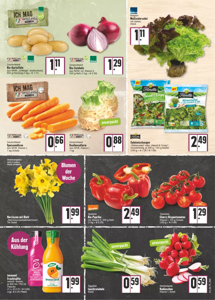 Aktueller Prospekt E Center - Angebote der Woche - von 24.01 bis 29.01.2022 - strona 3 - produkty: angebot, ball, beutel, bio, Bio-Paprika, blume, blumen, eis, elle, flasche, fleisch, frucht, fruchtfleisch, fruchtsäfte, Innocent, kartoffel, kartoffeln, Lauchzwiebel, lauchzwiebeln, LG, mit frucht, möhren, Narzissen, orange, paprika, paprika rot, radieschen, rispentomaten, säfte, salat, Schal, Schale, speisemöhren, Ti, tomate, tomaten, uhr, zwiebel, zwiebeln