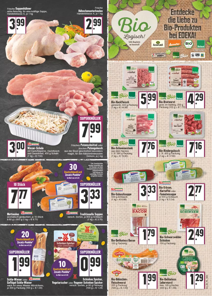 Aktueller Prospekt E Center - Angebote der Woche - von 24.01 bis 29.01.2022 - strona 5 - produkty: auer, bacon, Becher, bio, Bio-Hackfleisch, bioland, bratwurst, deka, deutschlandcard, eis, erbsen, fleisch, fleischwurst, Germ, gulasch, Gulaschsuppe, hackfleisch, kartoffel, Kartoffelpüree, Kraut, leberwurst, mam, Mett, metten, Mettenden, Nestea, nuss, püree, pute, putenschnitzel, rel, rind, rinder, rindergulasch, Sauerkraut, Schal, Schale, schinken, schinken spicker, schlauch, schnitten, schnitzel, schwein, schweine, steak, suppe, tee, Ti, tisch, tomate, tomaten, Tomatensuppe, Vegeta, wein, weine, wiener, wiener würstchen, wurst, würstchen