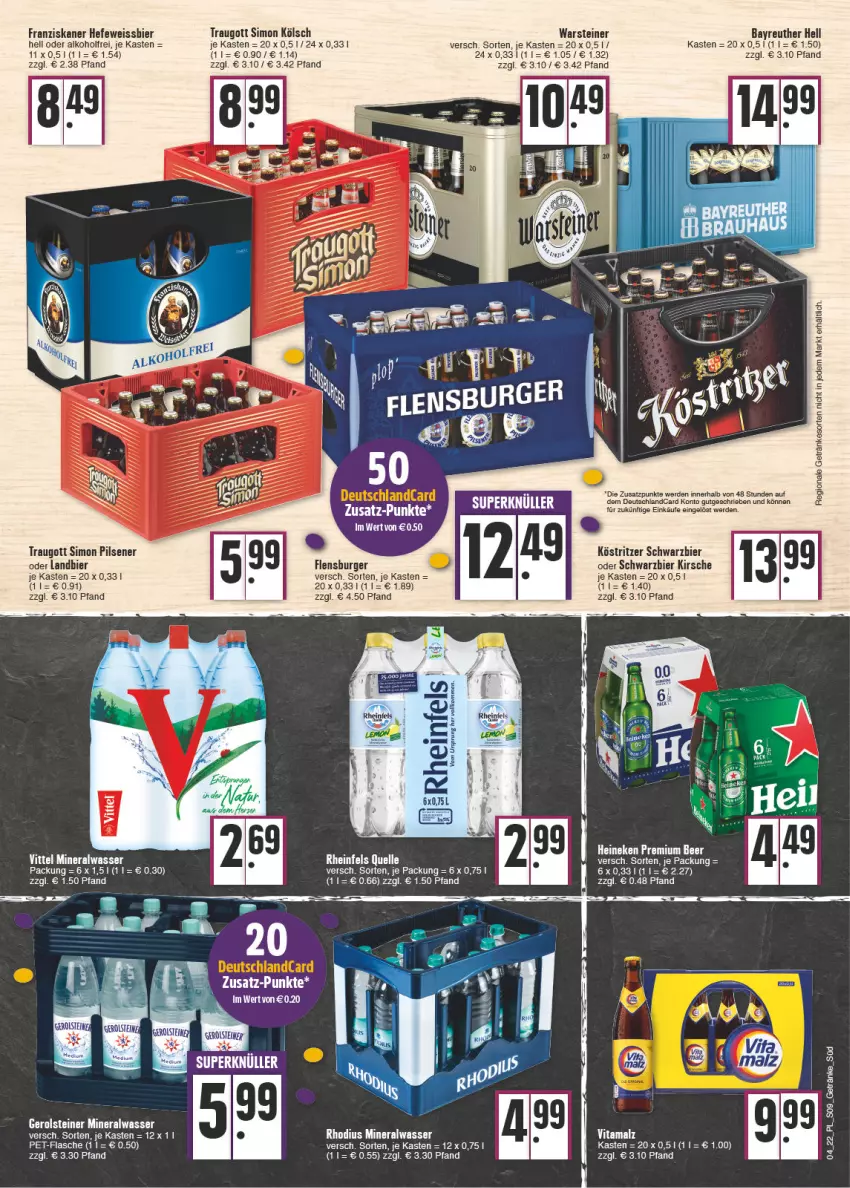 Aktueller Prospekt E Center - Angebote der Woche - von 24.01 bis 29.01.2022 - strona 9 - produkty: alkohol, Alwa, bier, burger, deutschlandcard, eis, elle, erde, flensburger, franziskaner, gerolsteine, gerolsteiner, getränk, getränke, Hefe, heineken, kirsch, kirsche, köstritzer, mineralwasser, pils, pilsener, rheinfels quelle, sim, steiner, Ti, warsteiner, wasser, weissbier