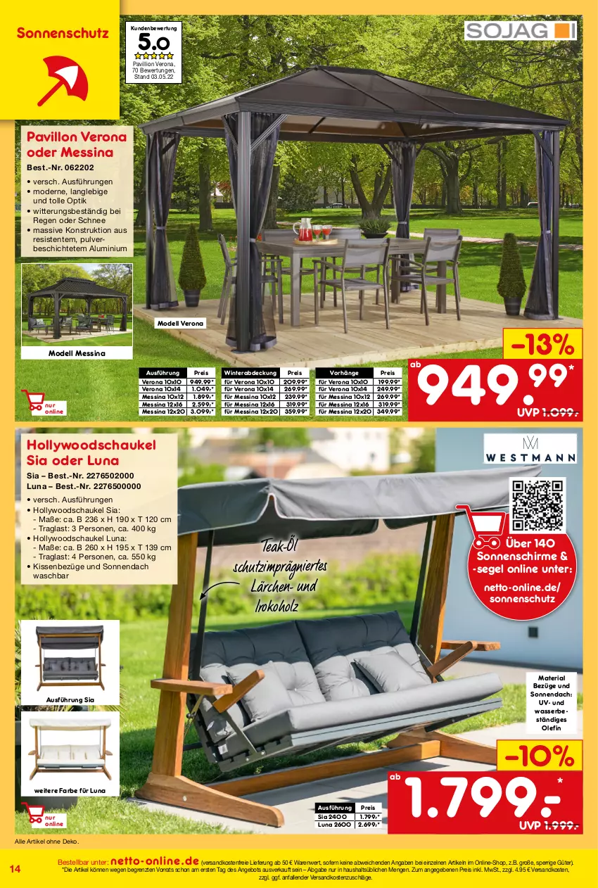 Aktueller Prospekt Netto Marken-Discount - Online-Angebote Juni - von 01.06 bis 30.06.2022 - strona 14 - produkty: angebot, dell, eis, ente, hollywoodschaukel, Holz, lion, Mode, ndk, pavillon, reis, Ria, Schaukel, schirme, sonnenschirm, sonnenschutz, Ti, versandkostenfrei, wasser, ZTE