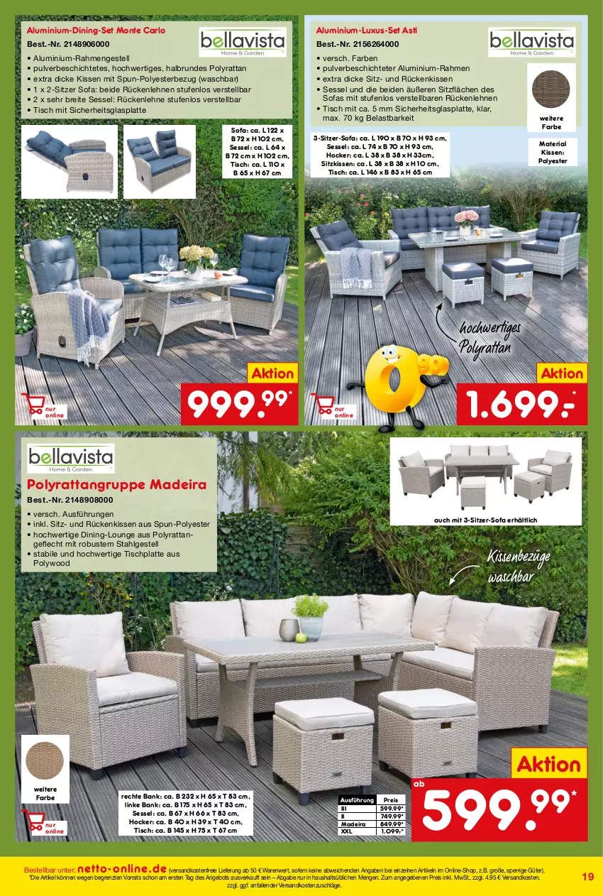 Aktueller Prospekt Netto Marken-Discount - Online-Angebote Juni - von 01.06 bis 30.06.2022 - strona 19 - produkty: angebot, arlo, asti, Bank, Brei, eis, Garten, glasplatte, hocker, HP, kissen, latte, LG, monte, ndk, reis, Ria, Rückenkissen, rückenlehne, sessel, sitzkissen, Sofa, Ti, tisch, tischplatte, versandkostenfrei, ZTE