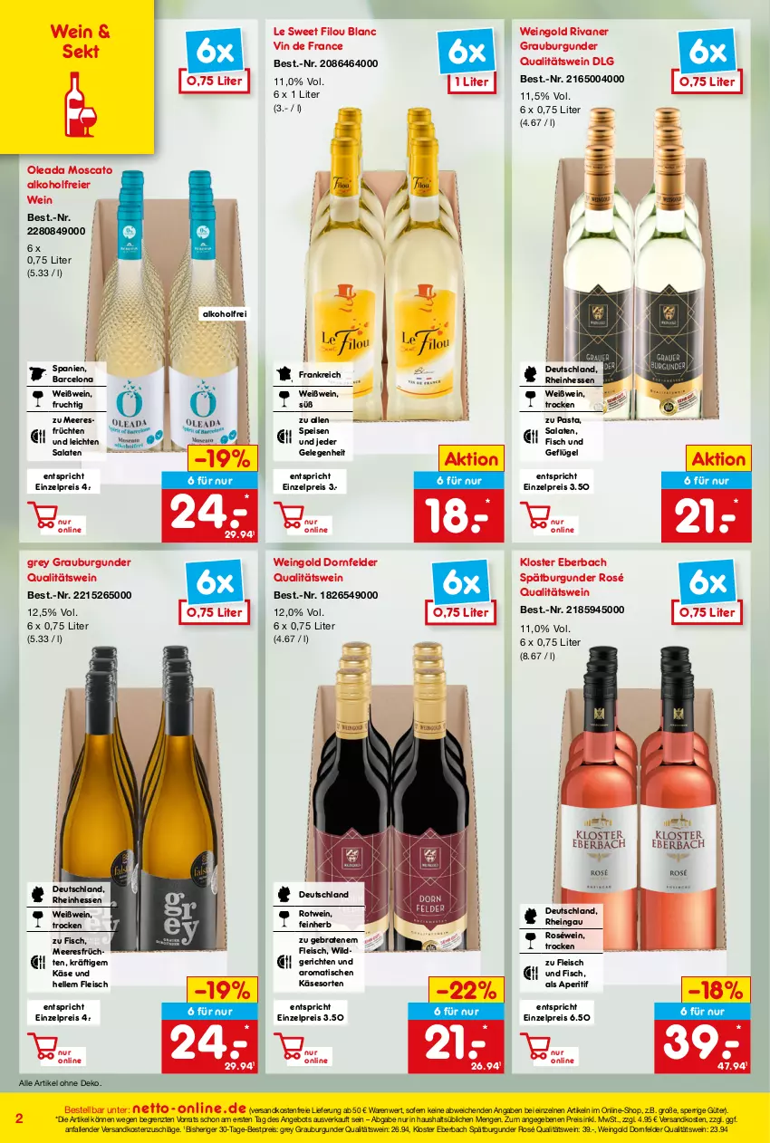 Aktueller Prospekt Netto Marken-Discount - Online-Angebote Juni - von 01.06 bis 30.06.2022 - strona 2 - produkty: alkohol, angebot, aperitif, bestpreis, braten, burgunder, dornfelder, eier, eis, elle, fisch, fleisch, frucht, früchte, früchten, Geflügel, grauburgunder, Käse, Kloster Eberbach, LG, meeresfrüchte, ndk, pasta, qualitätswein, reis, Rivaner, roséwein, rotwein, salat, salate, sekt, spätburgunder, Ti, tisch, versandkostenfrei, vin de france, wein, Weißwein, Wild, ZTE