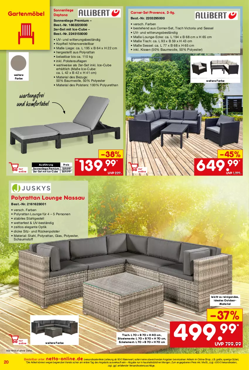 Aktueller Prospekt Netto Marken-Discount - Online-Angebote Juni - von 01.06 bis 30.06.2022 - strona 20 - produkty: angebot, Bau, baumwolle, eis, ente, Garten, gartenmöbel, kissen, LG, Liege, möbel, ndk, reis, Ria, sessel, sonnenliege, Ti, tisch, versandkostenfrei, wolle, ZTE