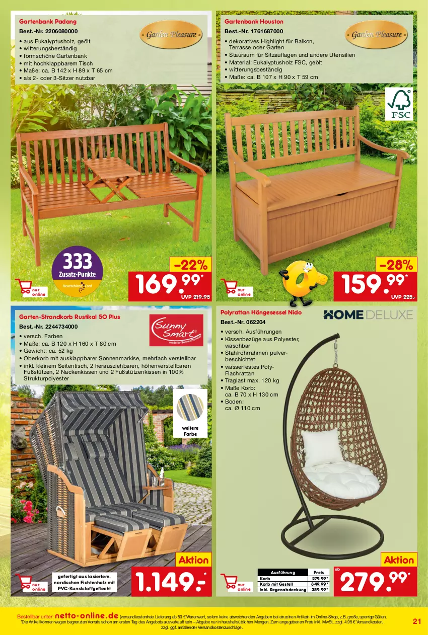 Aktueller Prospekt Netto Marken-Discount - Online-Angebote Juni - von 01.06 bis 30.06.2022 - strona 21 - produkty: angebot, Bank, eis, Garten, gartenbank, hängesessel, Holz, kissen, korb, kunststoffgeflecht, leine, nackenkissen, ndk, reis, Ria, sessel, Sitzauflage, strandkorb, Ti, tisch, versandkostenfrei, wasser, ZTE