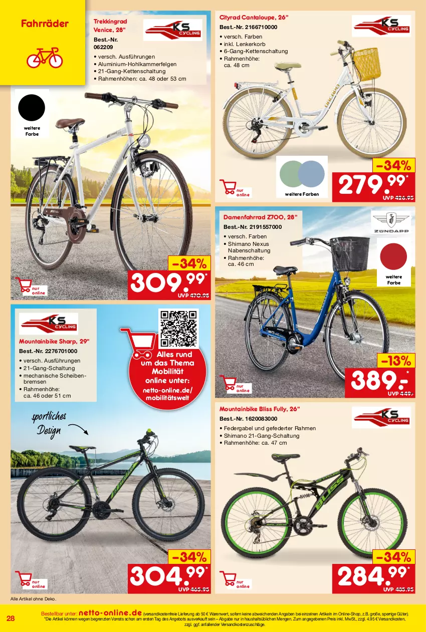 Aktueller Prospekt Netto Marken-Discount - Online-Angebote Juni - von 01.06 bis 30.06.2022 - strona 28 - produkty: angebot, eis, Fahrrad, felgen, gabel, Kette, korb, LG, Mountainbike, ndk, nexus, reis, Schal, Sharp, shimano, Sport, Ti, versandkostenfrei, ZTE