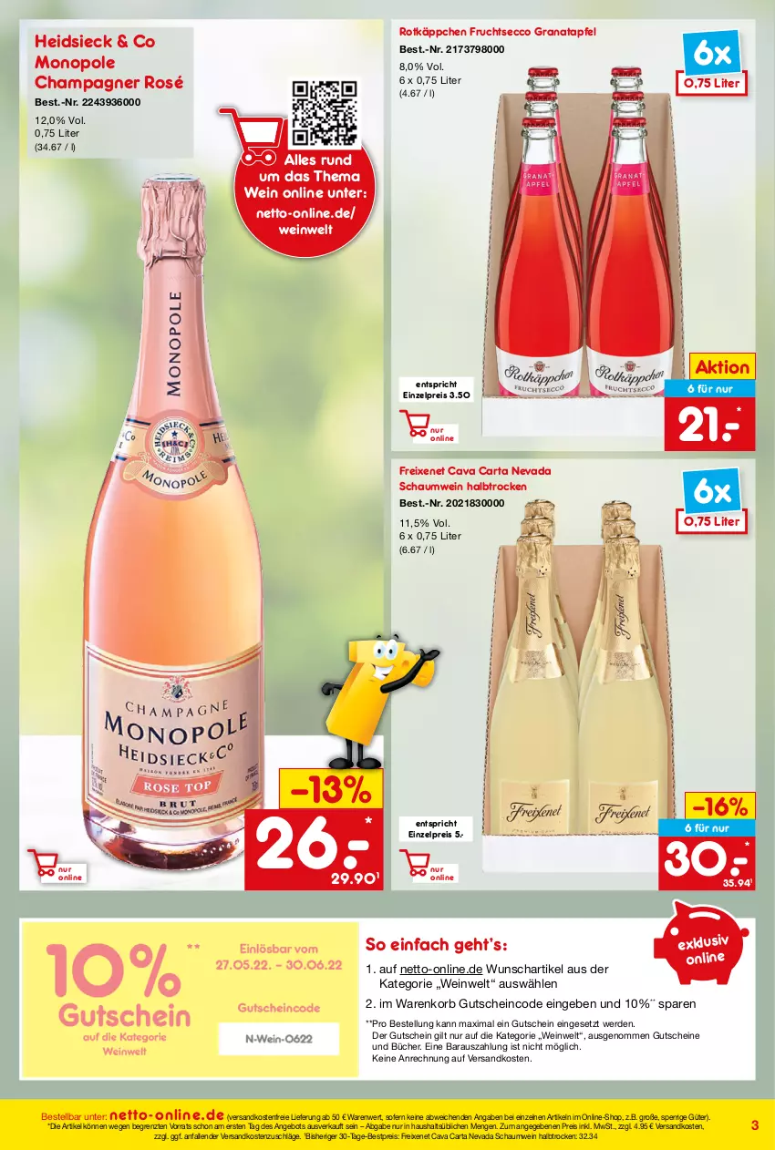 Aktueller Prospekt Netto Marken-Discount - Online-Angebote Juni - von 01.06 bis 30.06.2022 - strona 3 - produkty: angebot, apfel, bestpreis, Cava, champagne, champagner, ecco, eis, erde, freixenet, frucht, fruchtsecco, grana, granatapfel, gutschein, gutscheine, korb, ndk, Rana, reis, rotkäppchen, Ti, versandkostenfrei, wein, ZTE