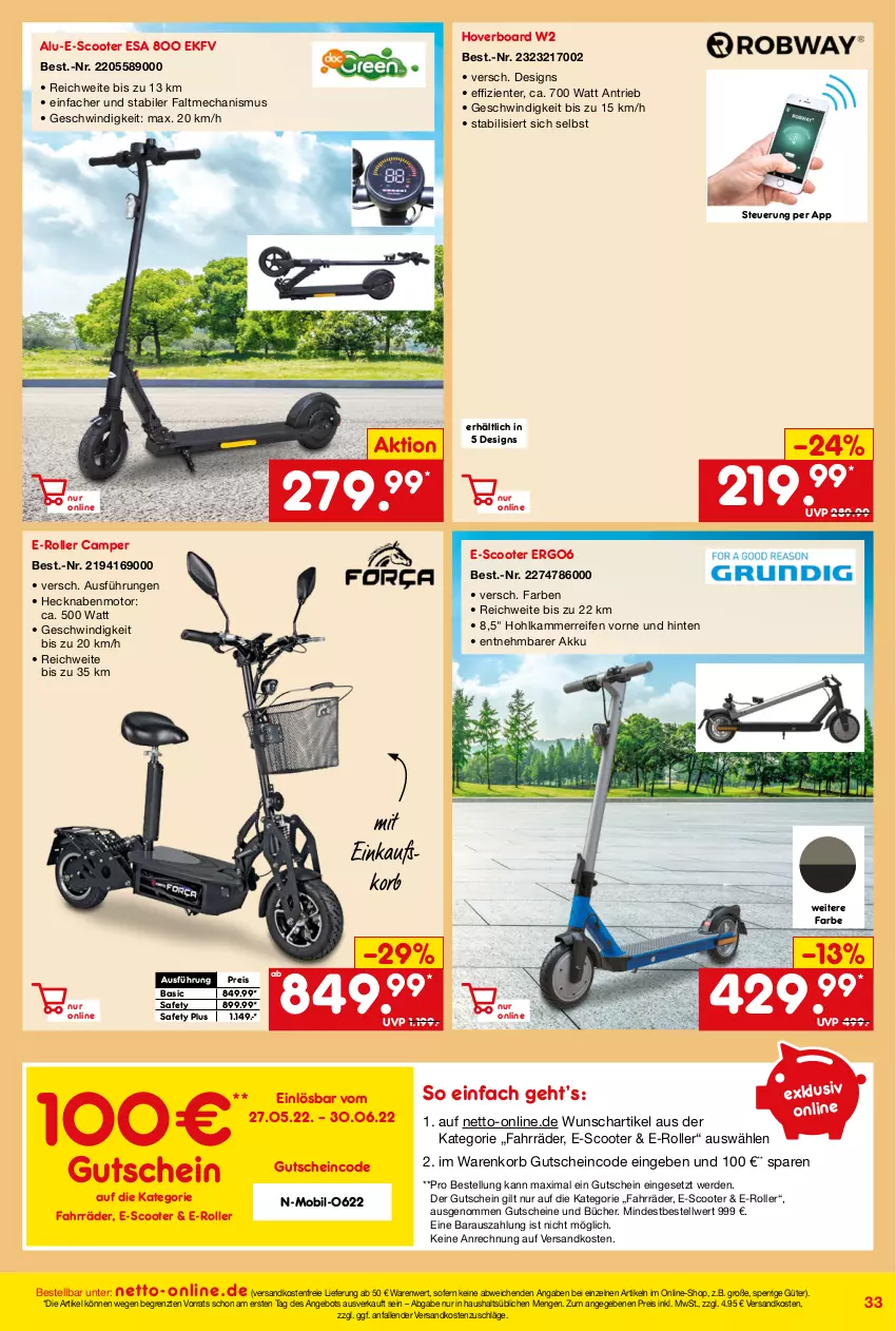 Aktueller Prospekt Netto Marken-Discount - Online-Angebote Juni - von 01.06 bis 30.06.2022 - strona 33 - produkty: akku, angebot, E-Roller, einkaufskorb, eis, ente, erde, gutschein, gutscheine, korb, ndk, reifen, reis, Roller, scooter, Ti, versandkostenfrei, ZTE