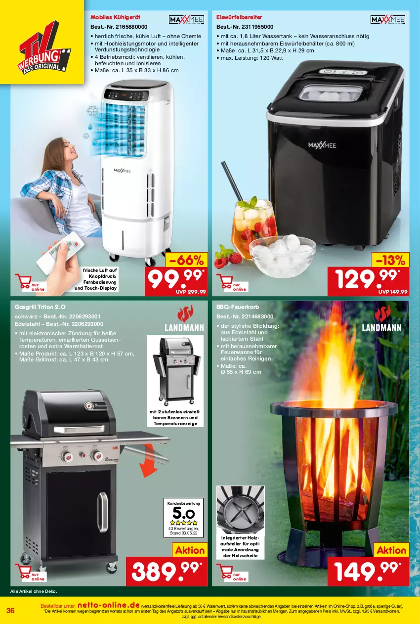 Aktueller Prospekt Netto Marken-Discount - Online-Angebote Juni - von 01.06 bis 30.06.2022 - strona 36 - produkty: angebot, Behälter, edelstahl, eis, eiswürfel, eiswürfelbereiter, Elektro, elle, ente, fernbedienung, Feuerkorb, gasgrill, grill, grillrost, Holz, Intel, korb, kühlgerät, lack, LG, ndk, reis, teller, Ti, versandkostenfrei, Wanne, wasser, wassertank, würfel, ZTE