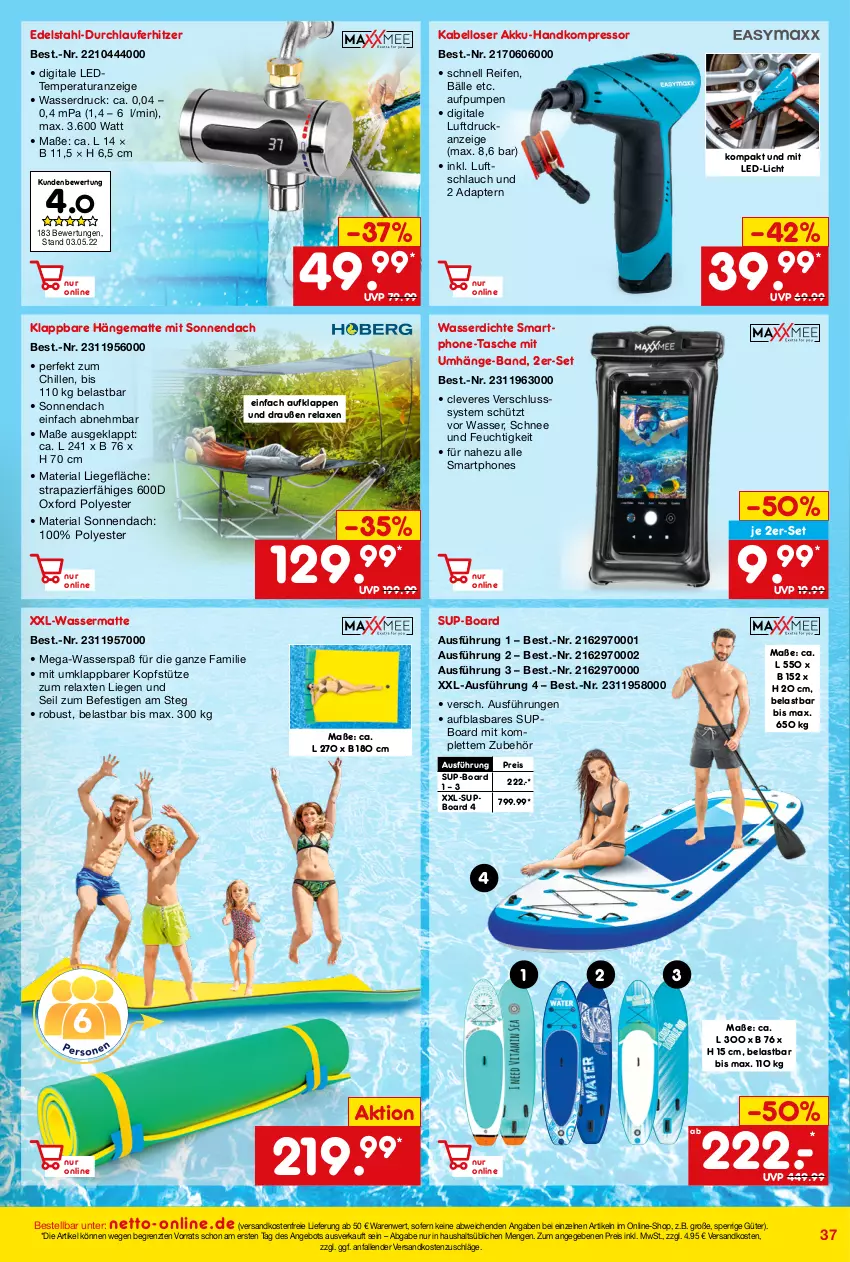 Aktueller Prospekt Netto Marken-Discount - Online-Angebote Juni - von 01.06 bis 30.06.2022 - strona 37 - produkty: adapter, akku, angebot, axe, edelstahl, eis, hängematte, kompressor, kopfstütze, led-licht, Liege, ndk, reifen, reis, rel, Ria, schlauch, smartphone, smartphones, Tasche, Ti, versandkostenfrei, wasser, ZTE