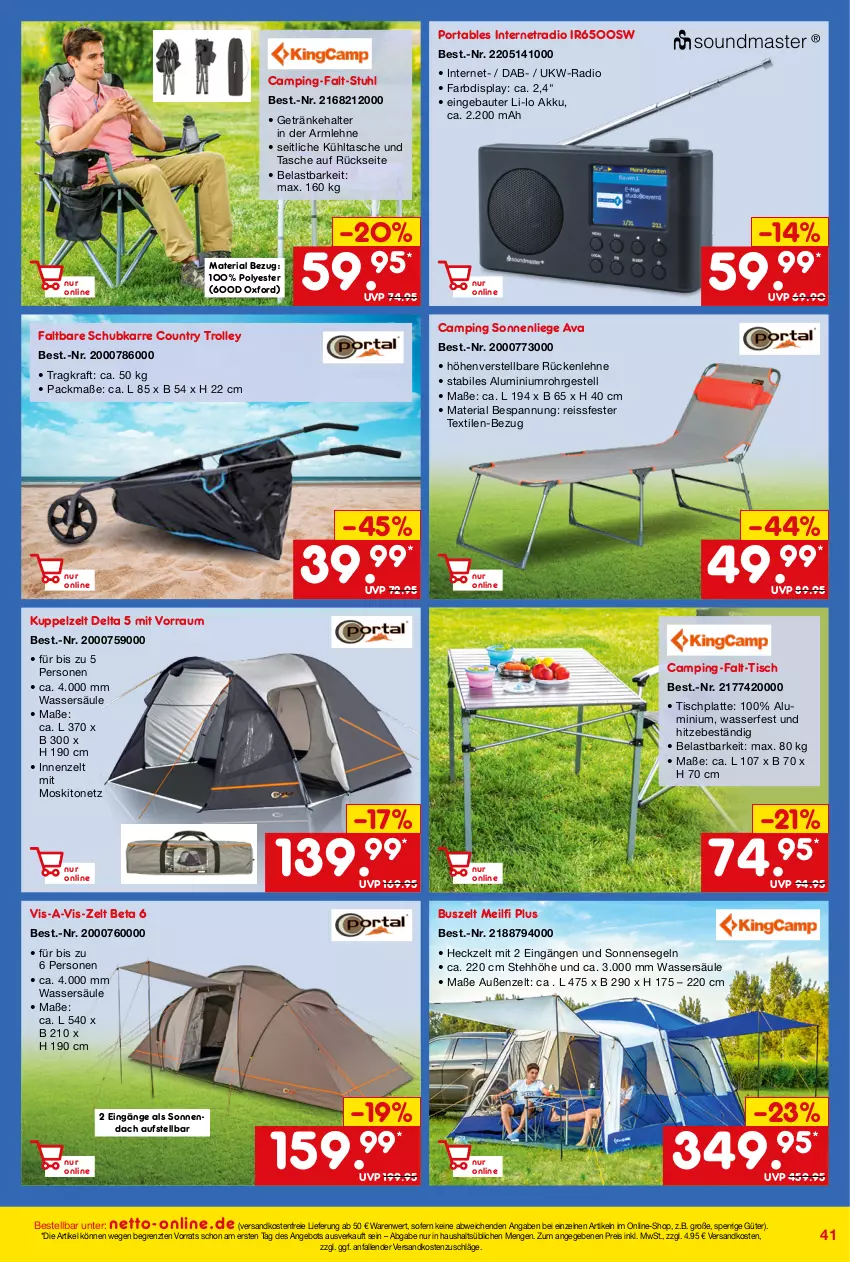 Aktueller Prospekt Netto Marken-Discount - Online-Angebote Juni - von 01.06 bis 30.06.2022 - strona 41 - produkty: akku, angebot, Bau, eis, getränk, getränke, getränkehalter, HP, kraft, kühltasche, Kuppelzelt, latte, moskitonetz, ndk, Radio, reis, reiss, Ria, rückenlehne, sonnensegel, stuhl, Tasche, Ti, tisch, trolley, versandkostenfrei, wasser, Zelt, ZTE