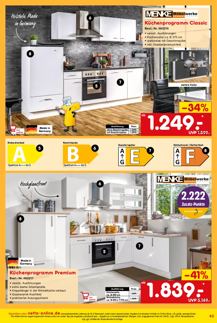 Aktueller Prospekt Netto Marken-Discount - Online-Angebote Juni - von 01.06 bis 30.06.2022 - strona 43 - produkty: angebot, arbeitsplatte, Bau, einbauherd, einbauherdset, eis, gefrierfach, Germ, geschirr, geschirrspüler, glaskeramik, glaskeramik-kochfeld, glaskeramikkochfeld, herdset, hochglanz, Holz, Kamin, kaminhaube, keramik-kochfeld, kochfeld, küche, Küchen, Küchenzeile, kühlschrank, latte, ndk, ohne geschirrspüler, reis, Schrank, Ti, tisch, versandkostenfrei, winkelküche, ZTE