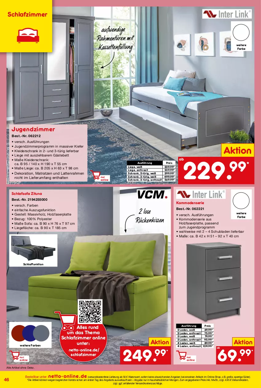 Aktueller Prospekt Netto Marken-Discount - Online-Angebote Juni - von 01.06 bis 30.06.2022 - strona 46 - produkty: angebot, bett, eis, Gästebett, Holz, Jugendzimmer, kissen, kleid, kleider, kleiderschrank, kommode, Kommodenserie, latte, Lattenrahmen, Liege, massivholz, matratze, matratzen, Mode, ndk, reis, Rückenkissen, rum, schlafsofa, schlafzimmer, Schrank, schubladen, Sofa, Ti, versandkostenfrei, ZTE