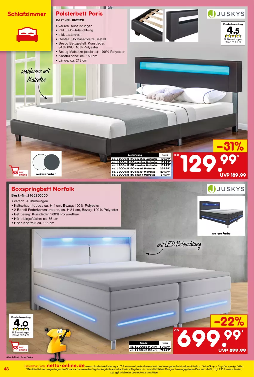 Aktueller Prospekt Netto Marken-Discount - Online-Angebote Juni - von 01.06 bis 30.06.2022 - strona 48 - produkty: angebot, beleuchtung, bett, boxspringbett, eis, federkern, federkernmatratze, Holz, kernmatratze, latte, lattenrost, led-beleuchtung, Liege, matratze, matratzen, mit led-beleuchtung, ndk, ohne matratze, polsterbett, reis, ring, schlafzimmer, Ti, topper, versandkostenfrei, ZTE