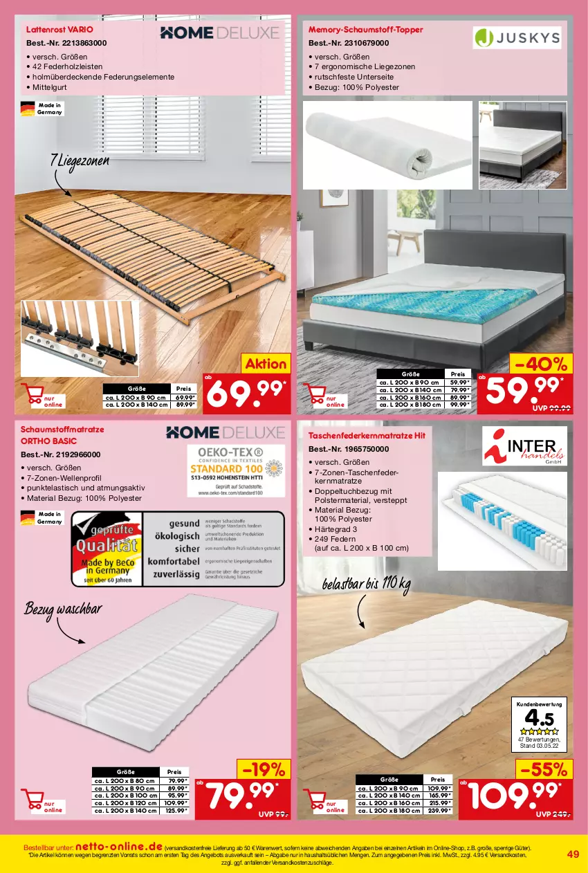 Aktueller Prospekt Netto Marken-Discount - Online-Angebote Juni - von 01.06 bis 30.06.2022 - strona 49 - produkty: angebot, asti, decke, eis, elle, ente, erde, federkern, federkernmatratze, Germ, Holz, kernmatratze, latte, lattenrost, LG, Liege, matratze, ndk, reis, Ria, Tasche, taschen, taschenfederkernmatratze, Ti, tisch, topper, tuc, versandkostenfrei, ZTE